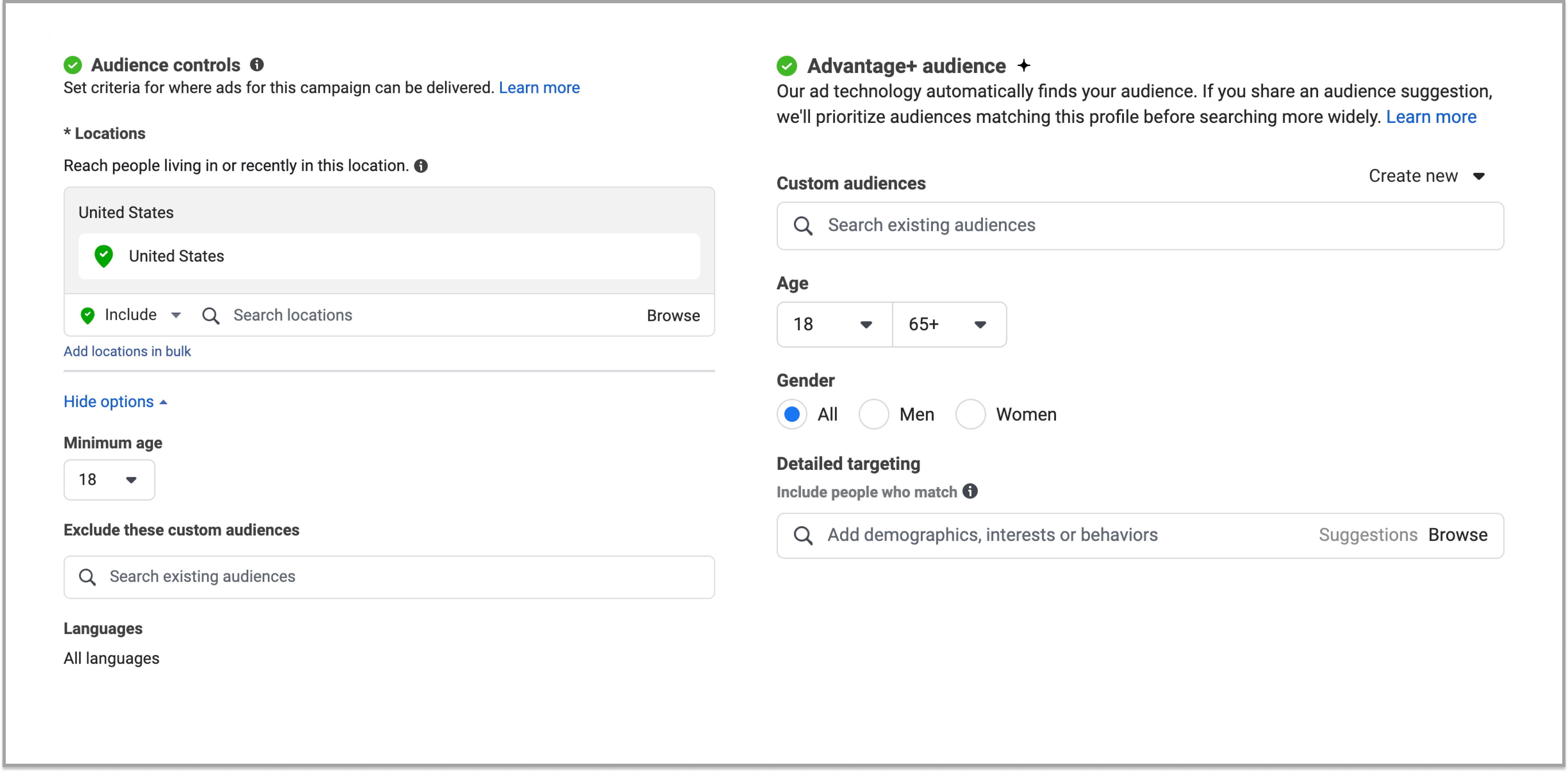 Advantage+ audiences in Facebook Ads Manager