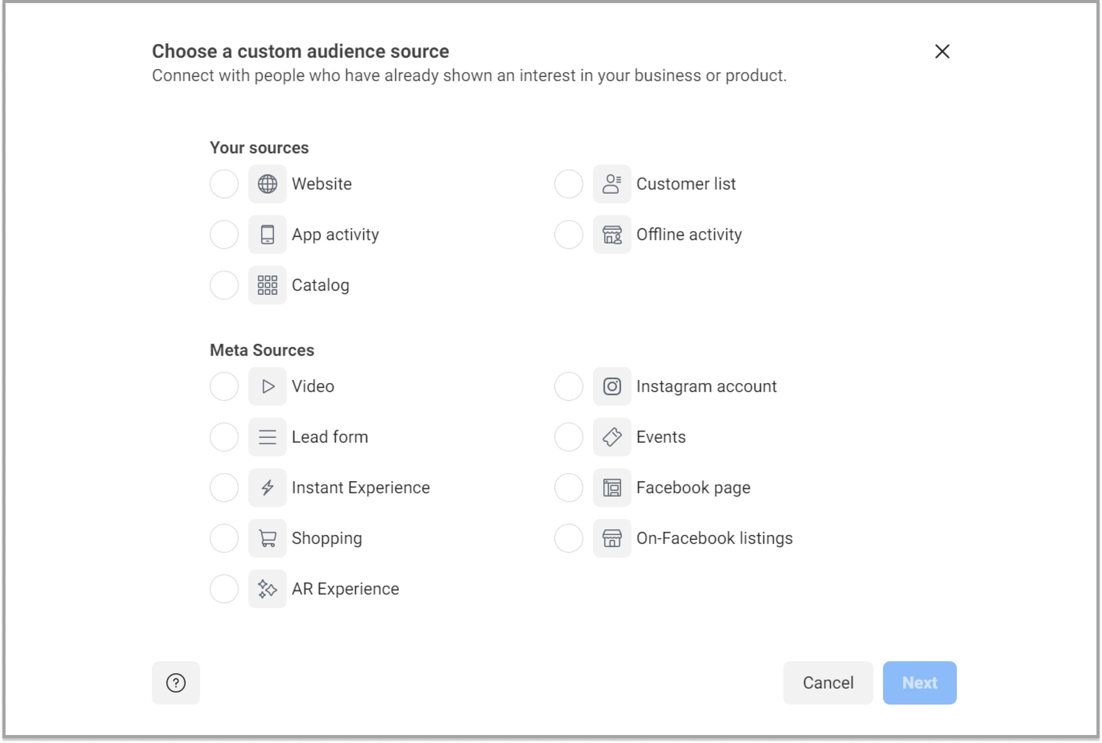 Sources for creating Facebook Custom audiences 