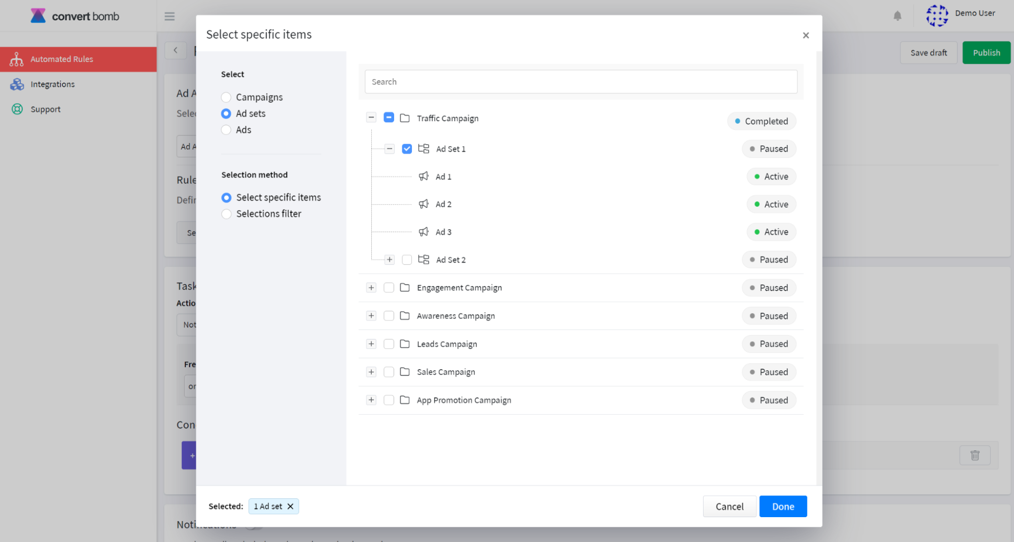 Selecting specific Facebook ads to automate