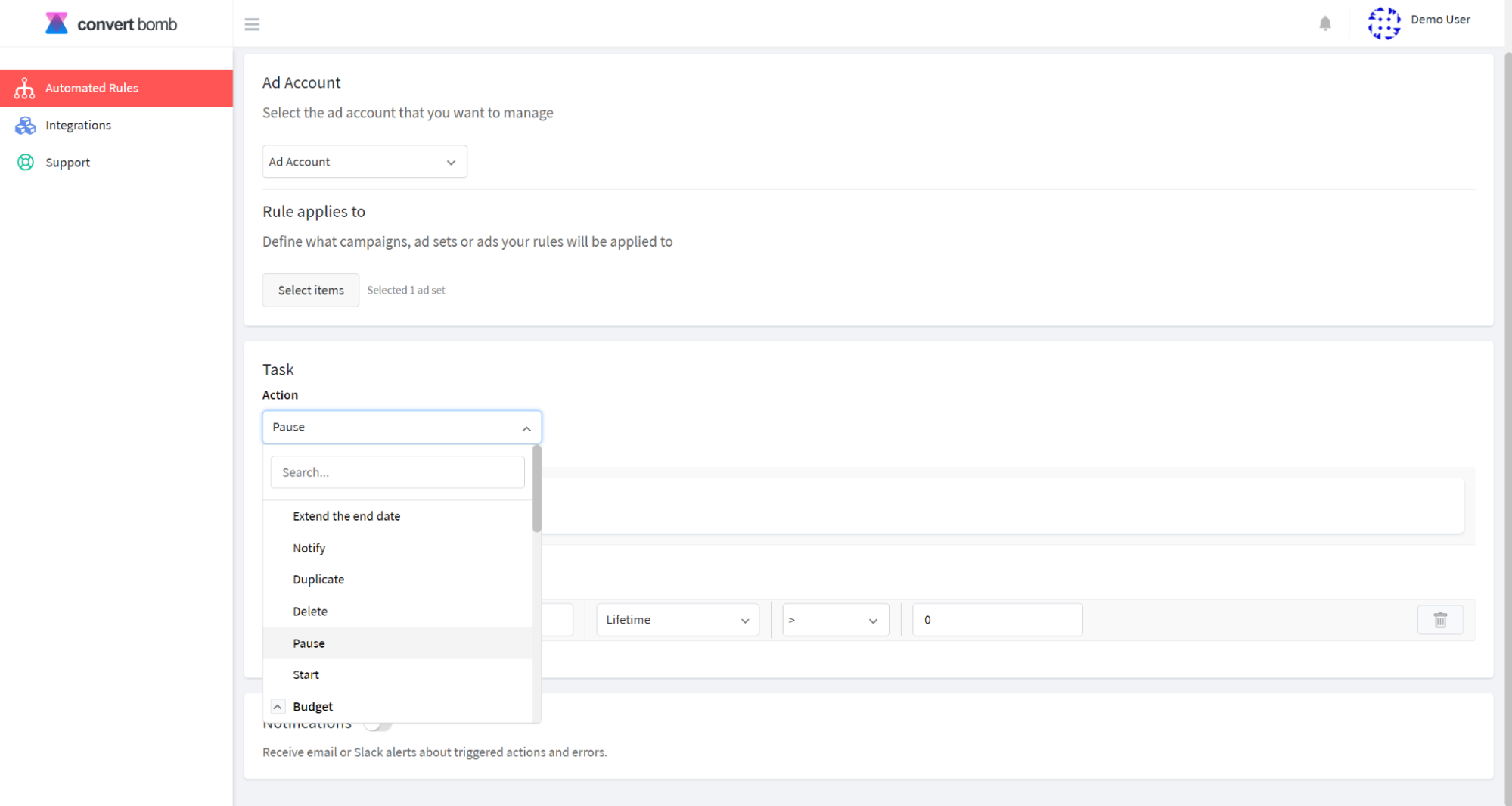 Selecting an action for a Facebook automated rule