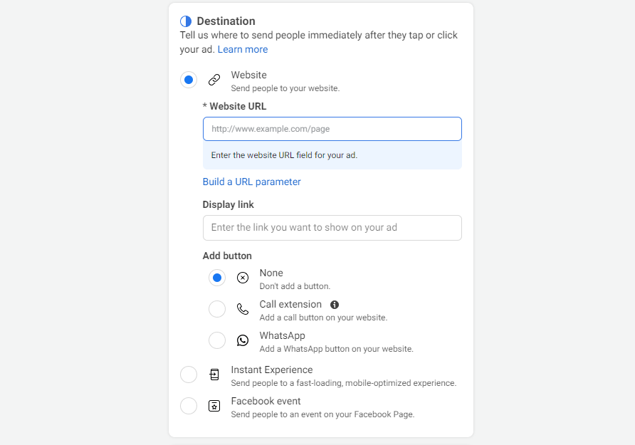 facebook ad destination