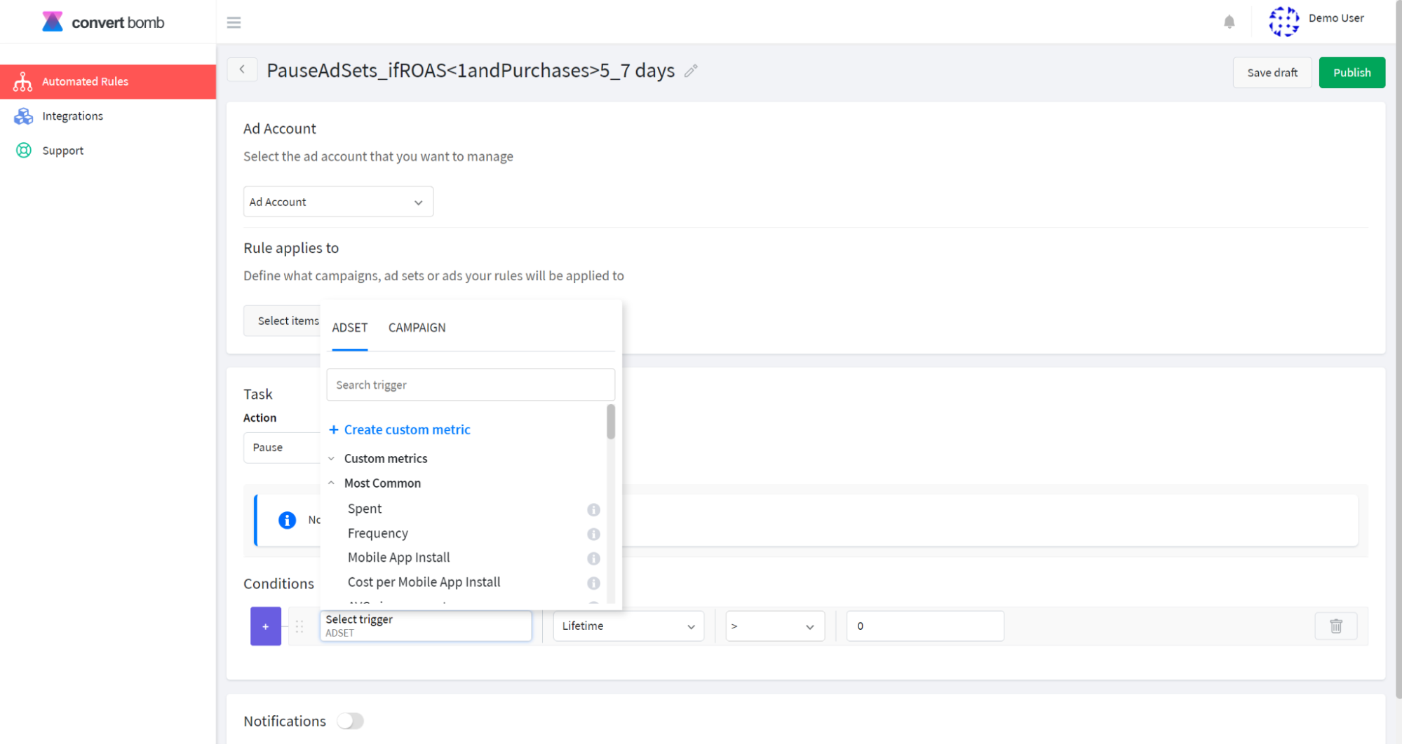 Selecting a metric for a Facebook automated rule