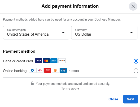 add payment information to facebook