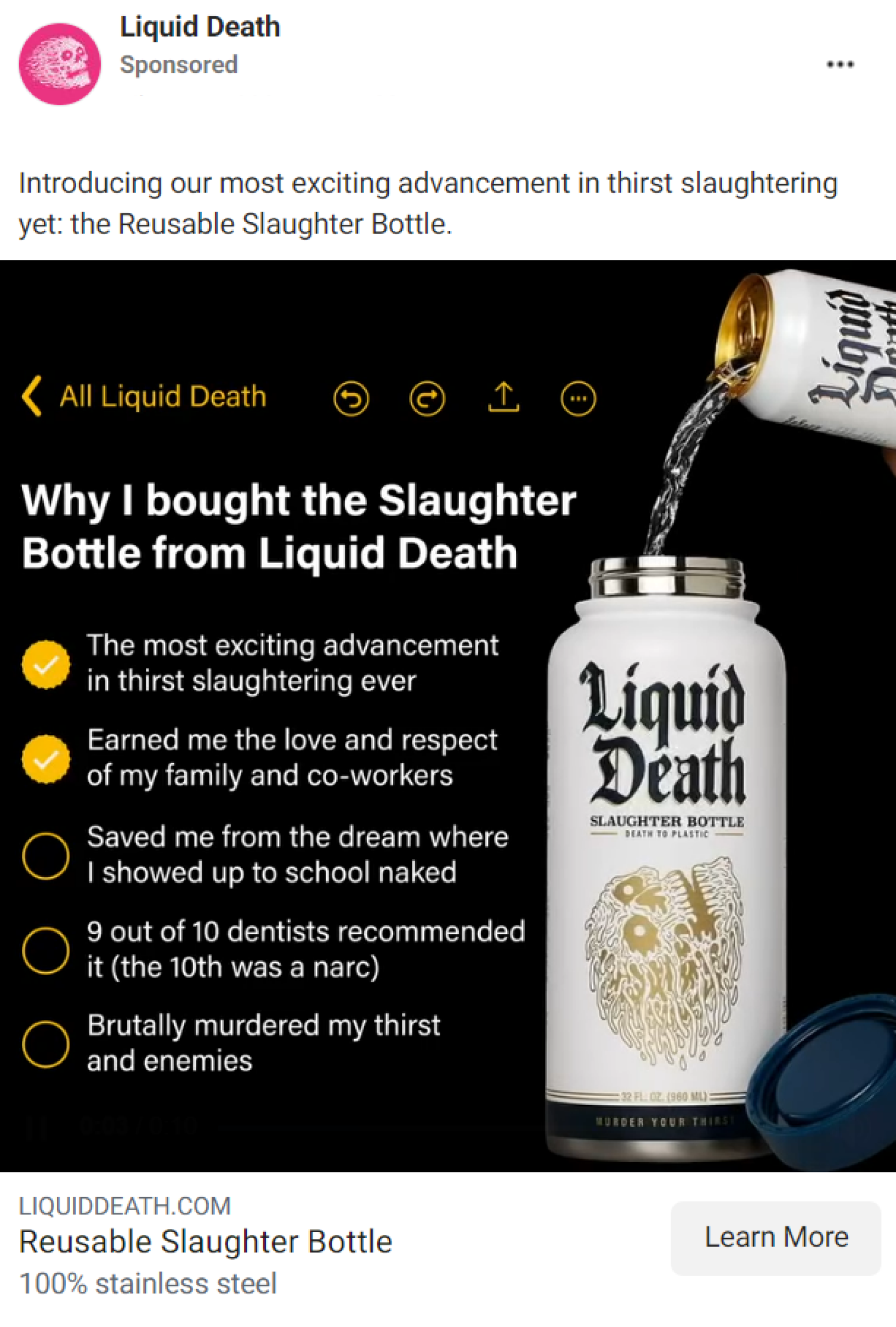 Liquid Death's Facebook ad