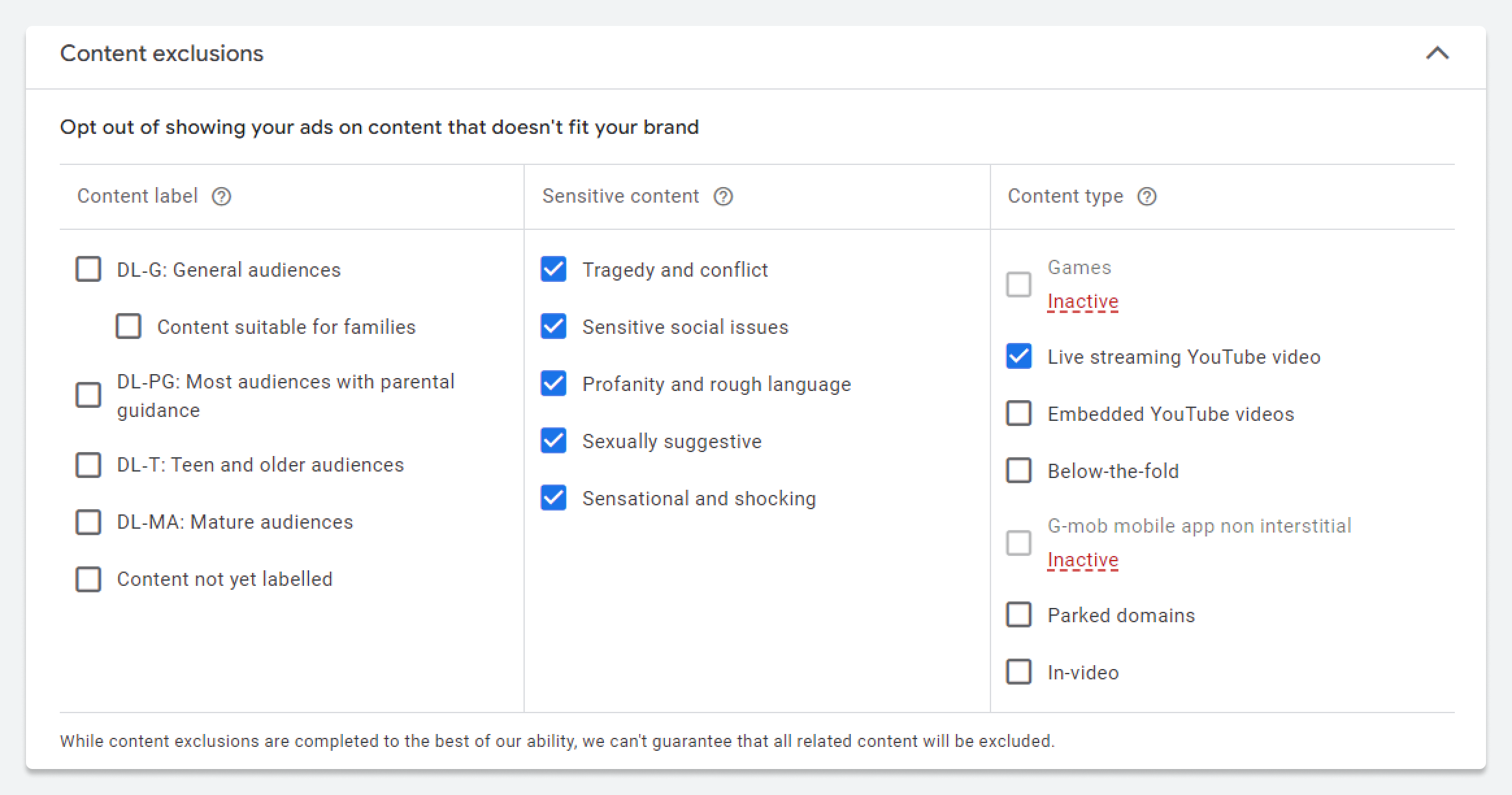 Excluding certain content options for Google ads 