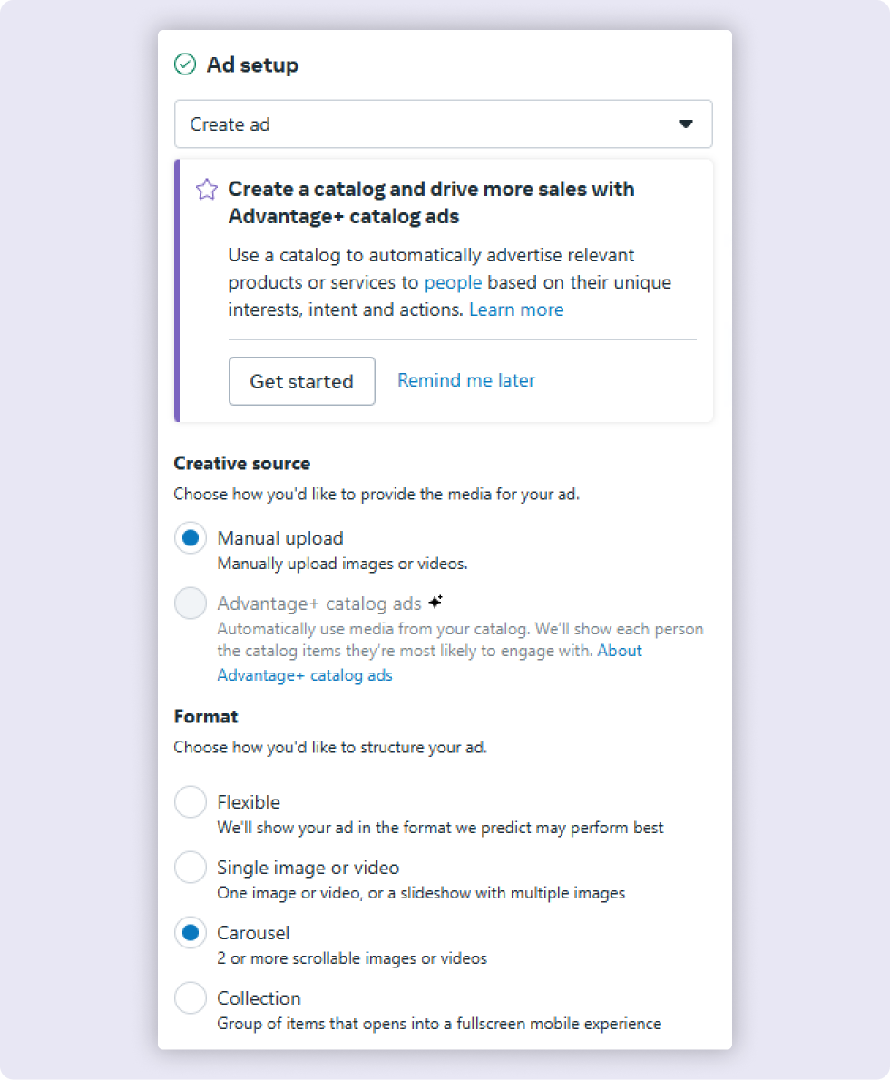 The process of creating Meta carousel ads 