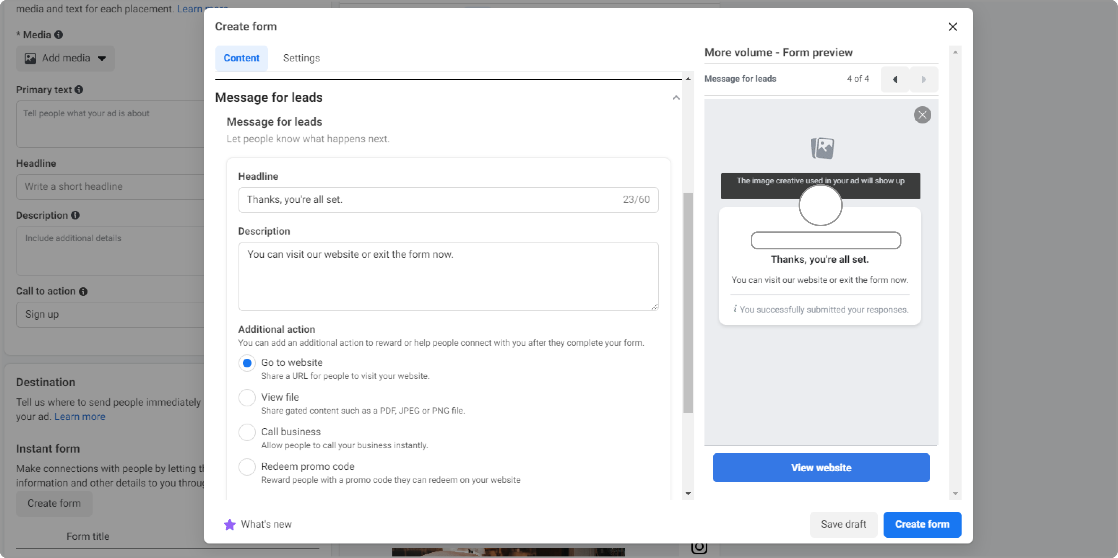 Choosing the final message for lead generation form in Facebook Ads Manager 