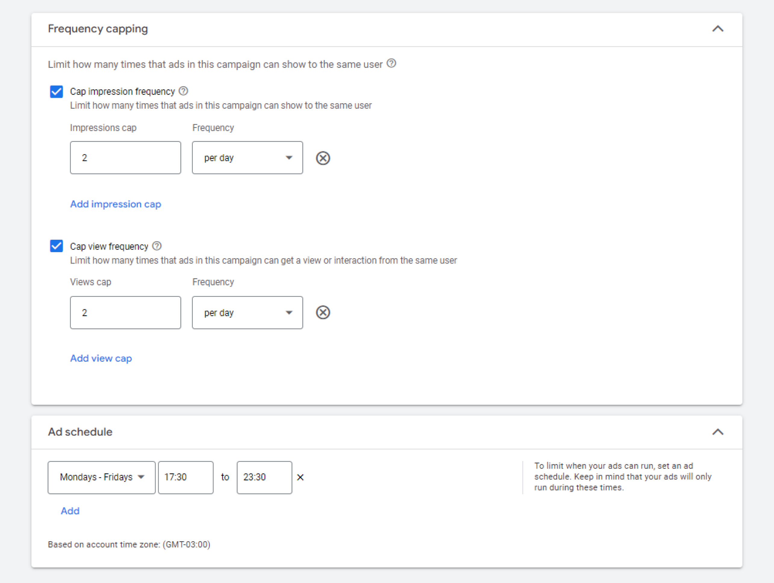 Setting frequency caps and ad schedule for YouTube video ads 