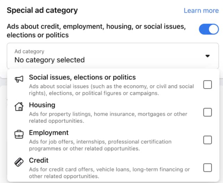 facebook special ad category