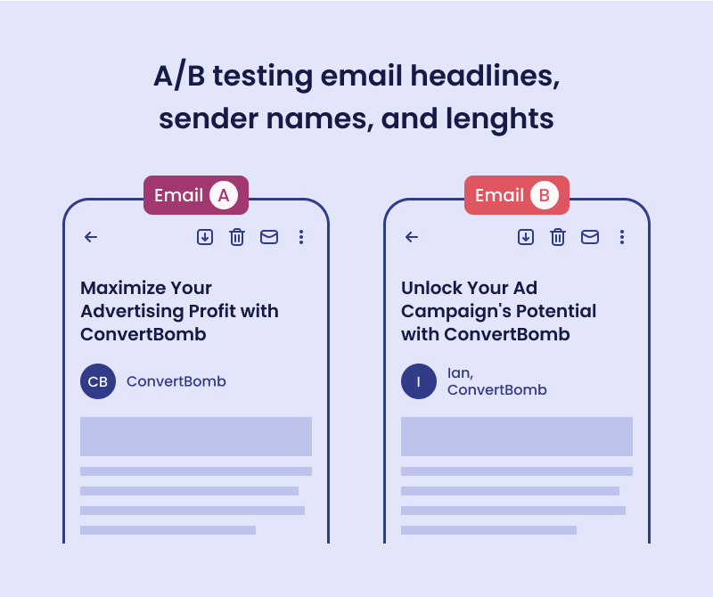 An image of two different versions of a marketing email for A/B testing