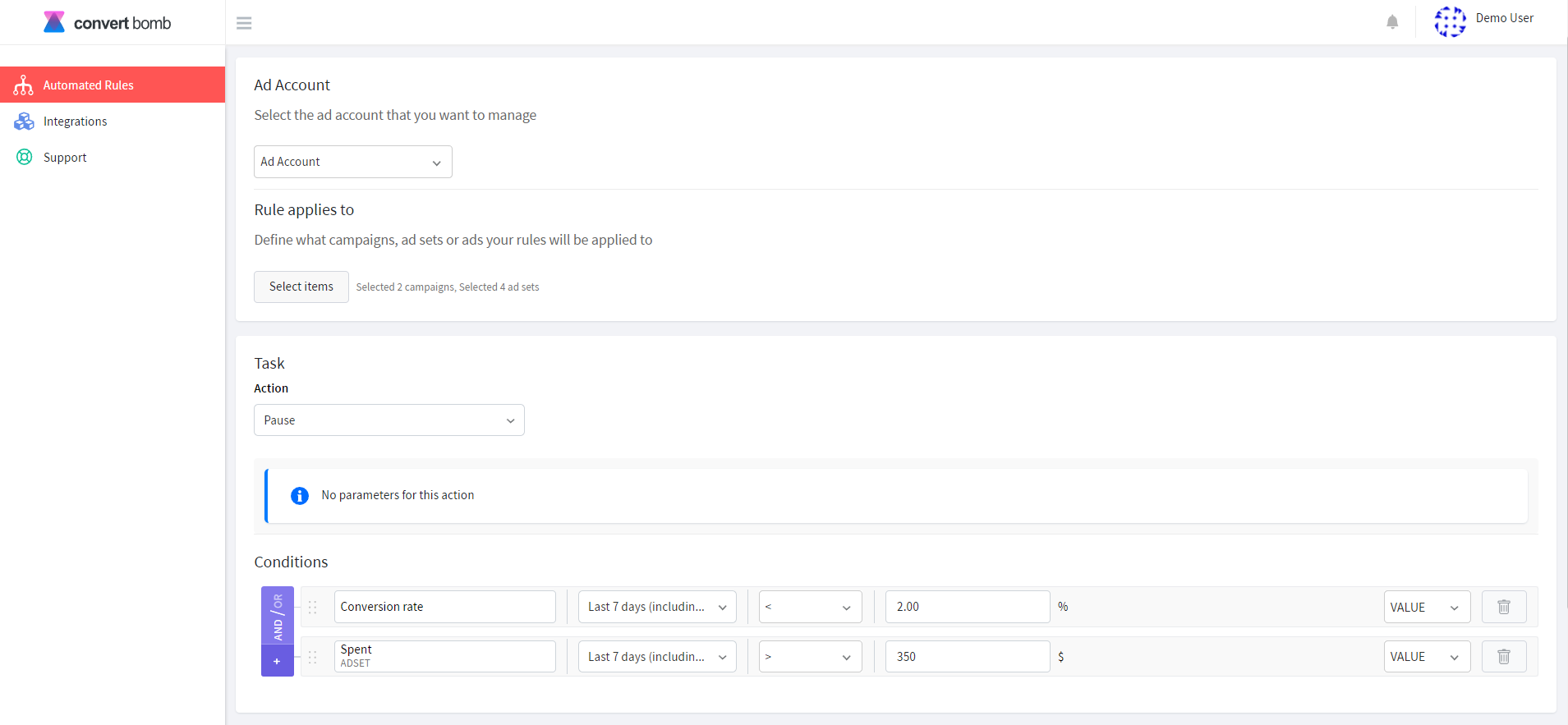 An image showing how to create an automated rule for pausing ad sets