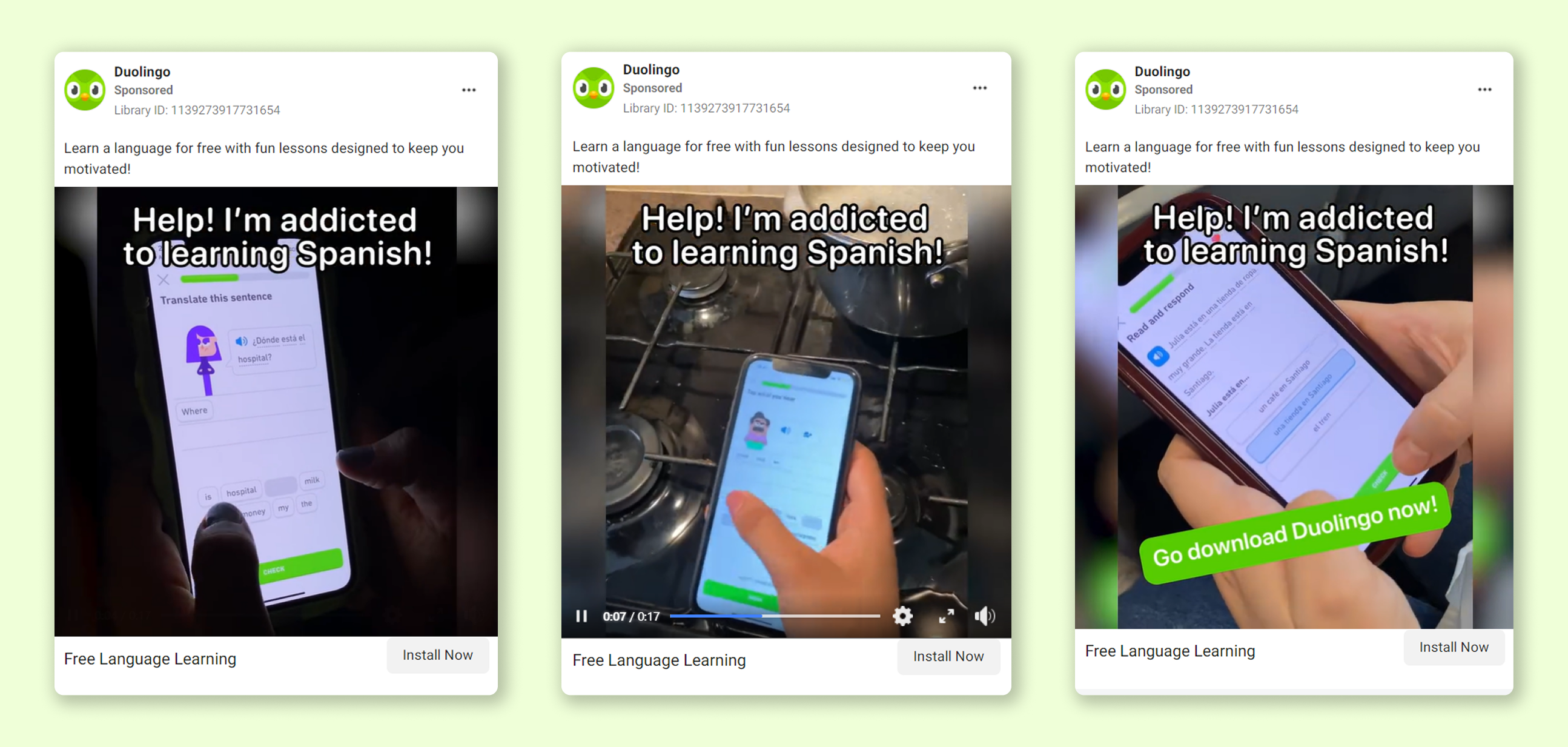 Facebook video ad example: Duolingo