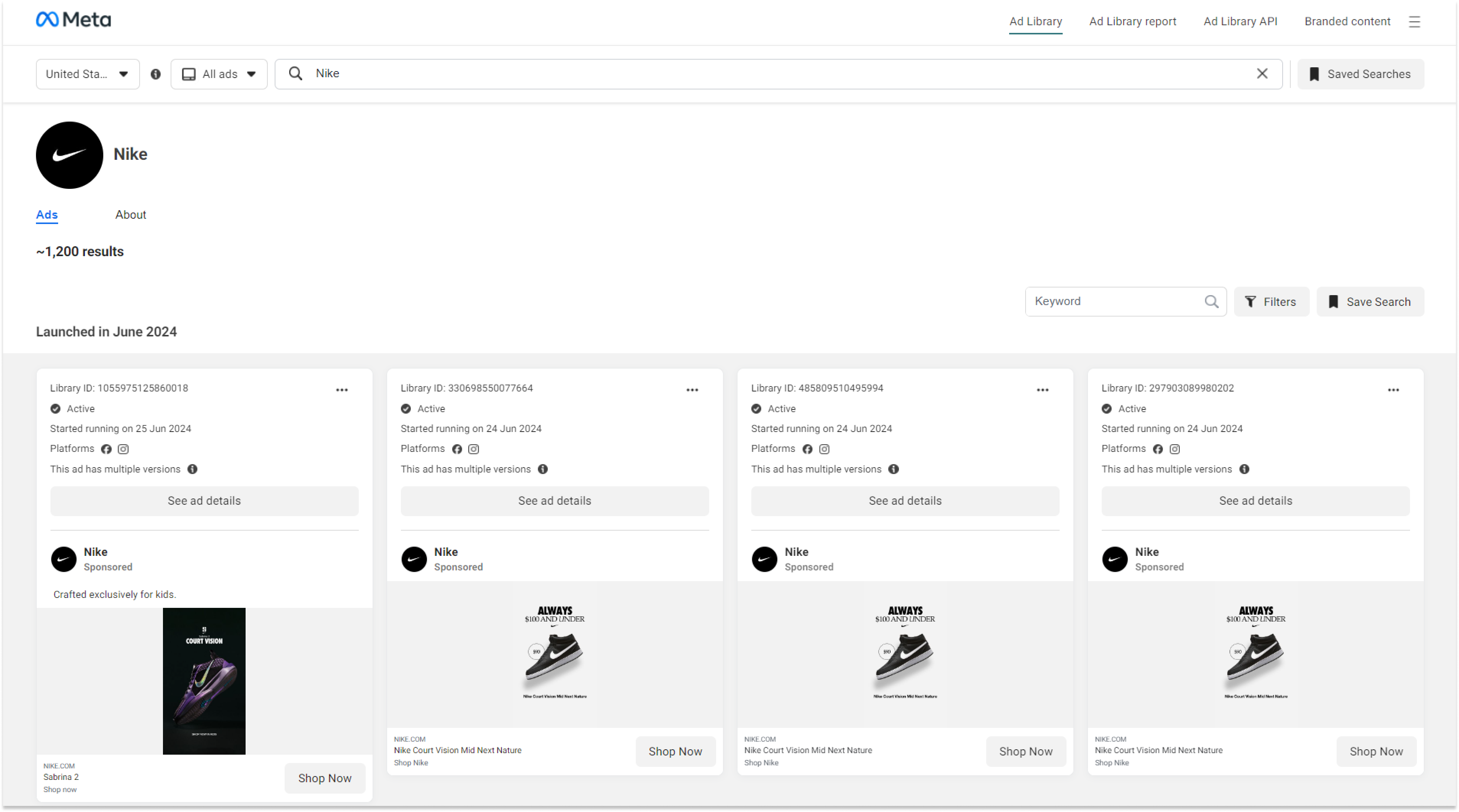 Ads run by Nike on Meta Ad Library 