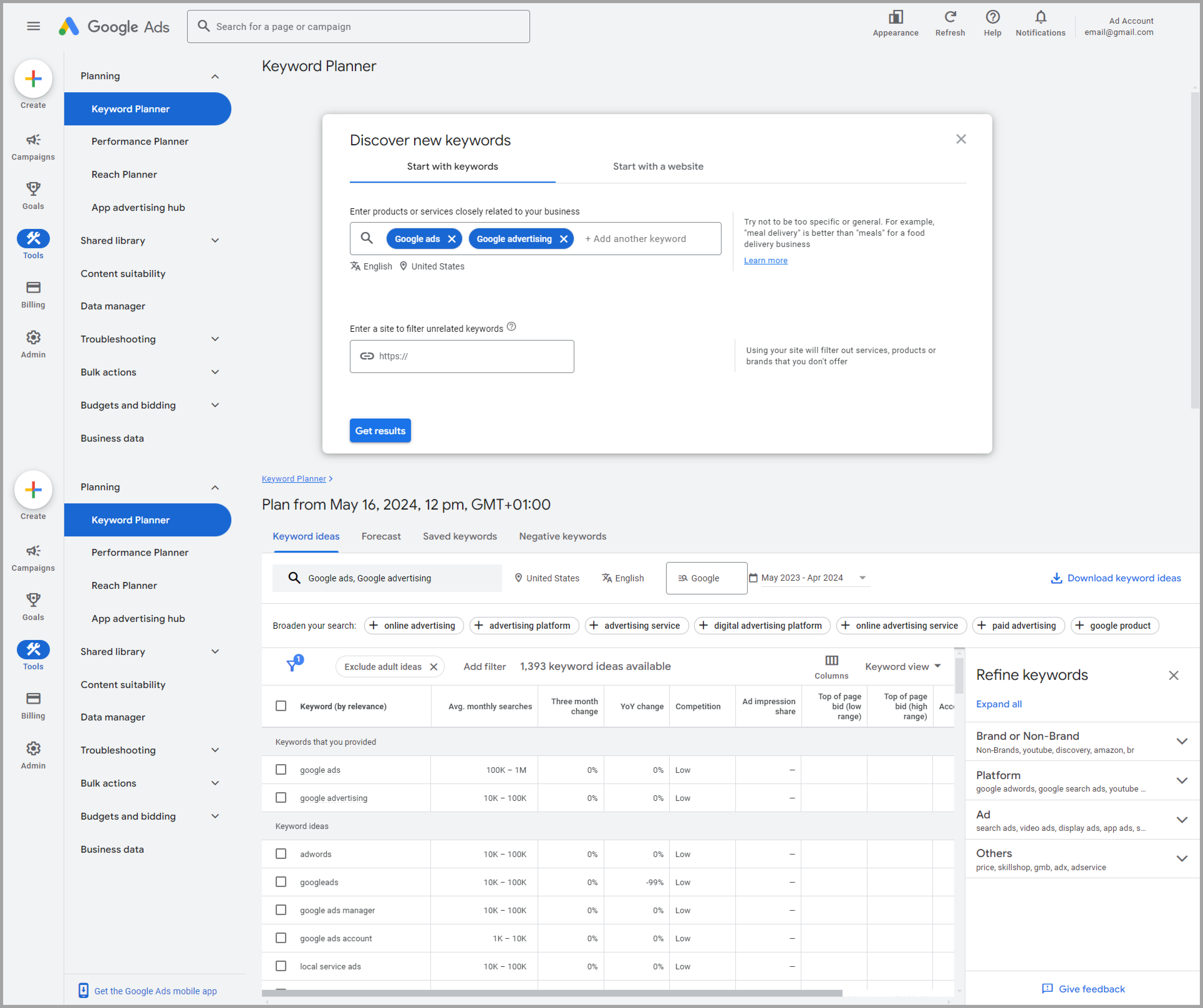 Checking keyword ideas on Google Keyword Planner