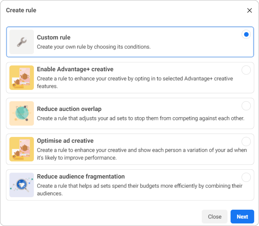 Automated rules in Facebook Ads Manager