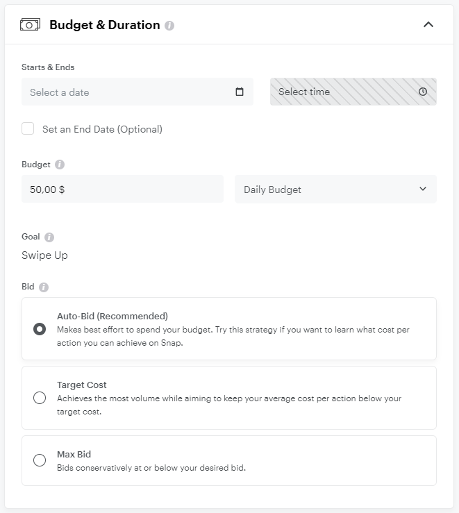 budget & duration settings