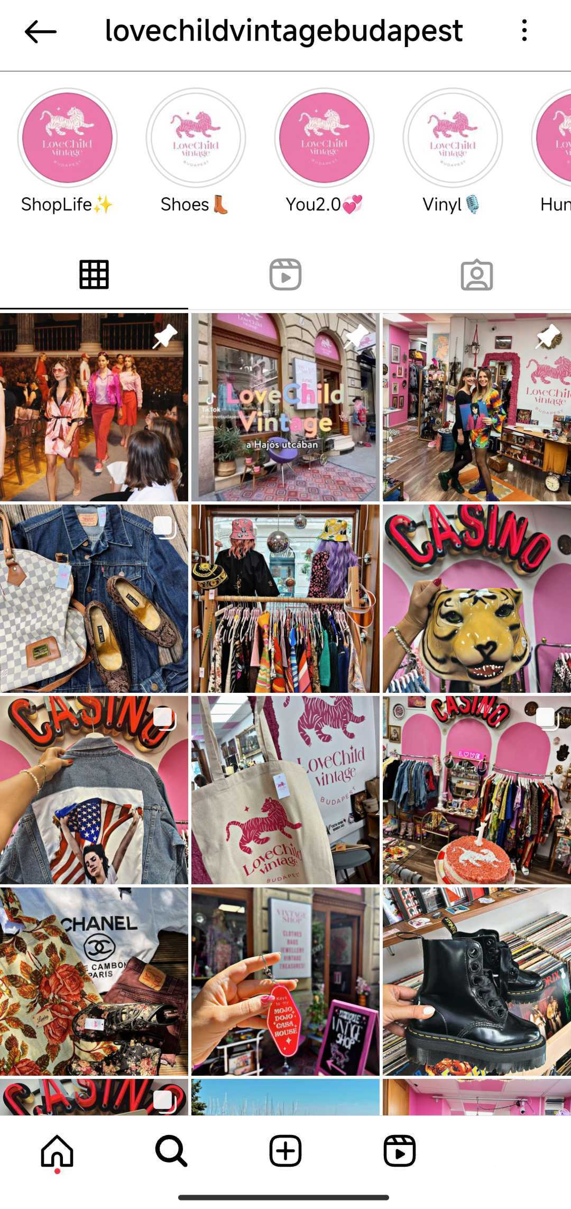 Instagram feed of a vintage store