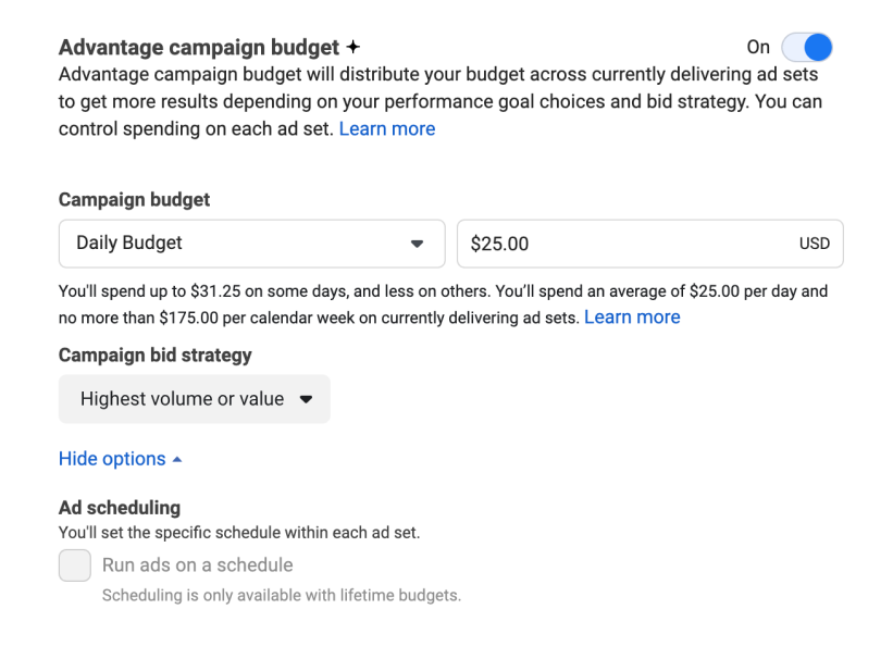 Setting up Advantage campaign bugdet on Meta ads