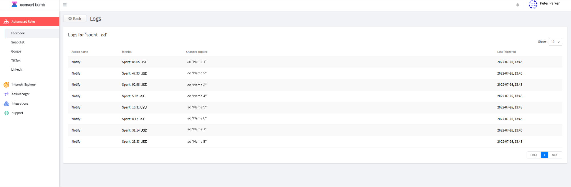 automated rule logs section