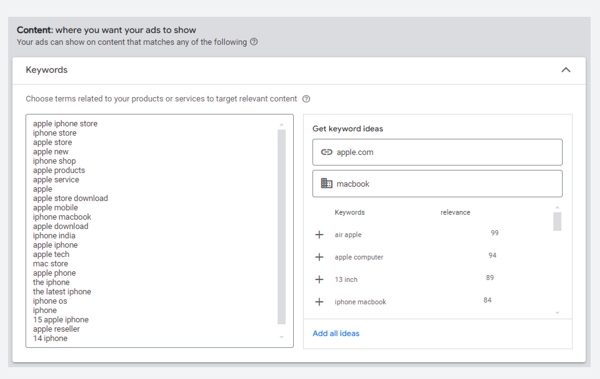 Choosing keywords for targeting Google ads 