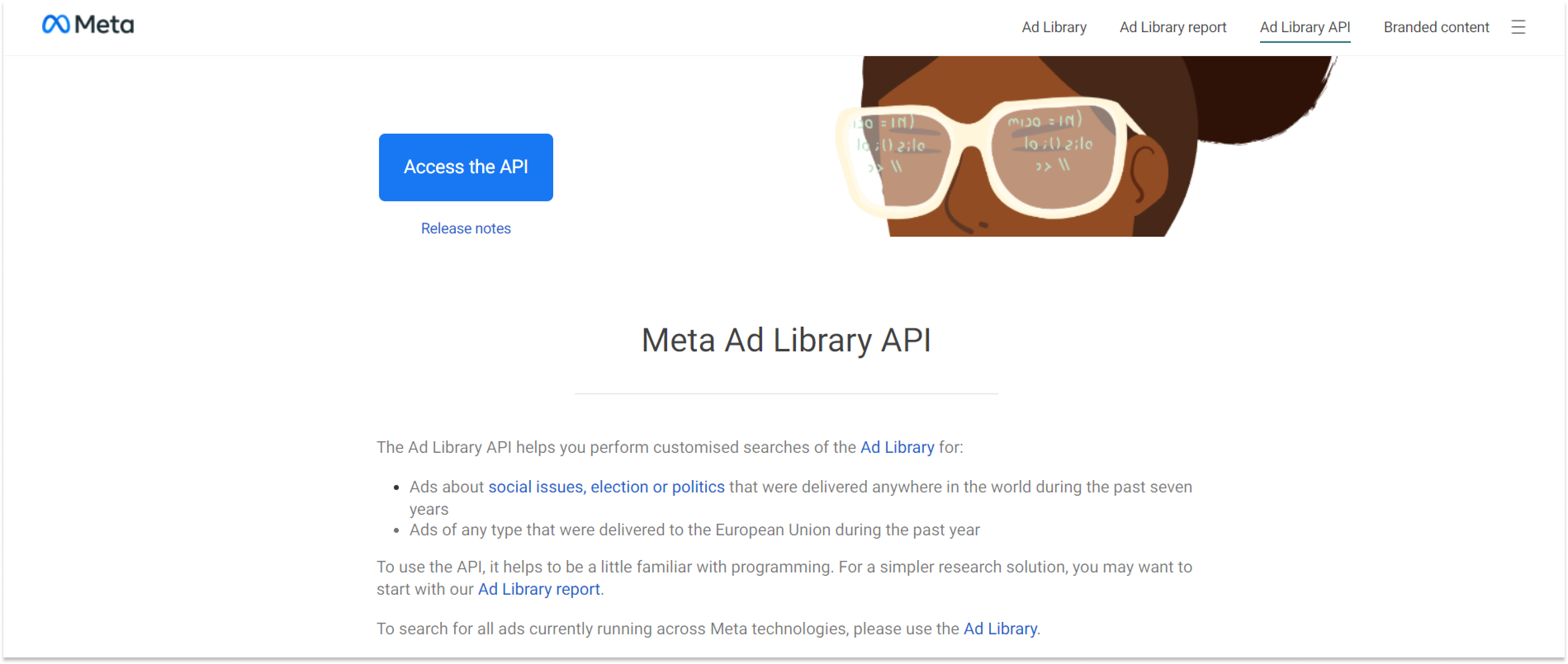 The landing page for Meta Ad Library API