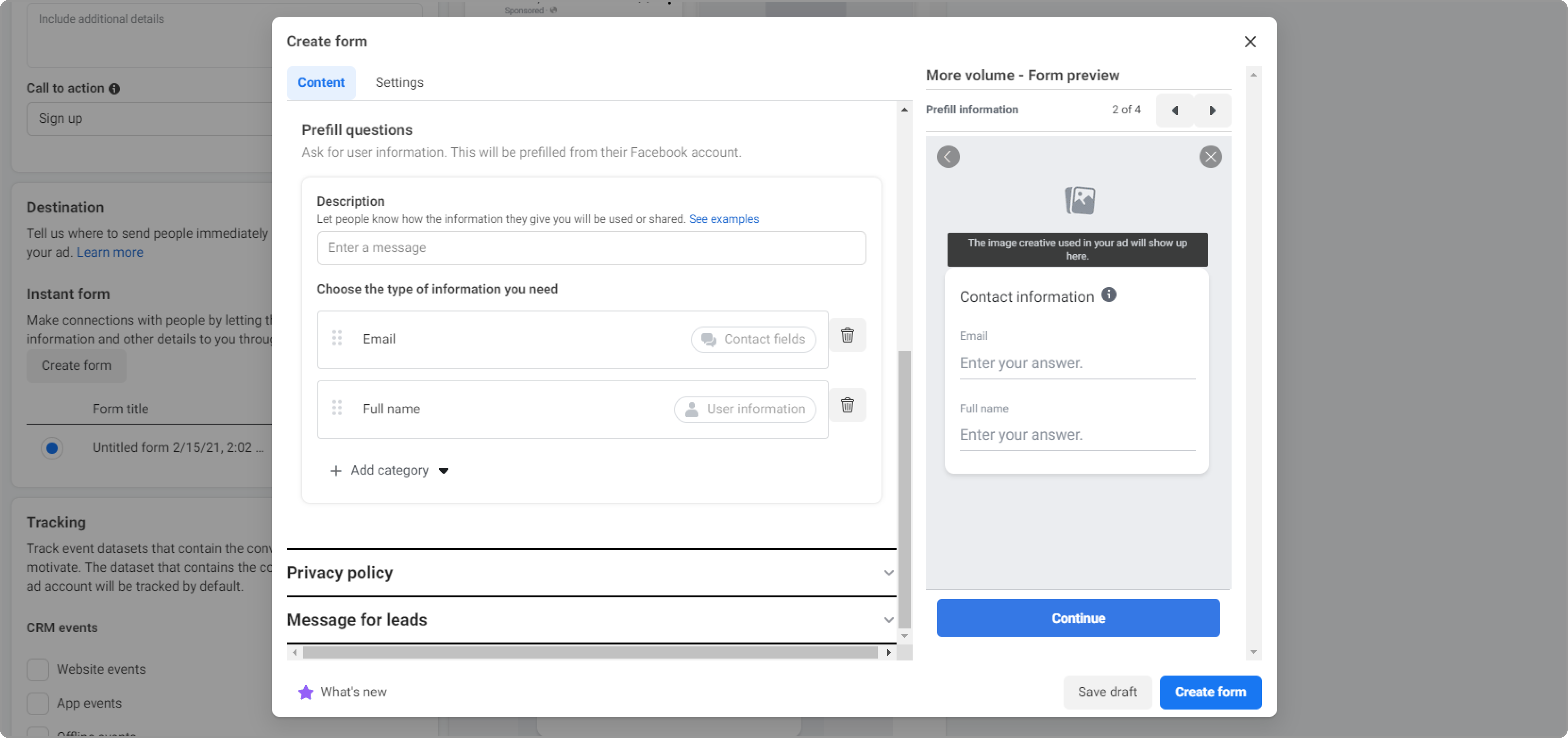 Selecting pre-filled questions for the lead form in Facebook Ads Manager 