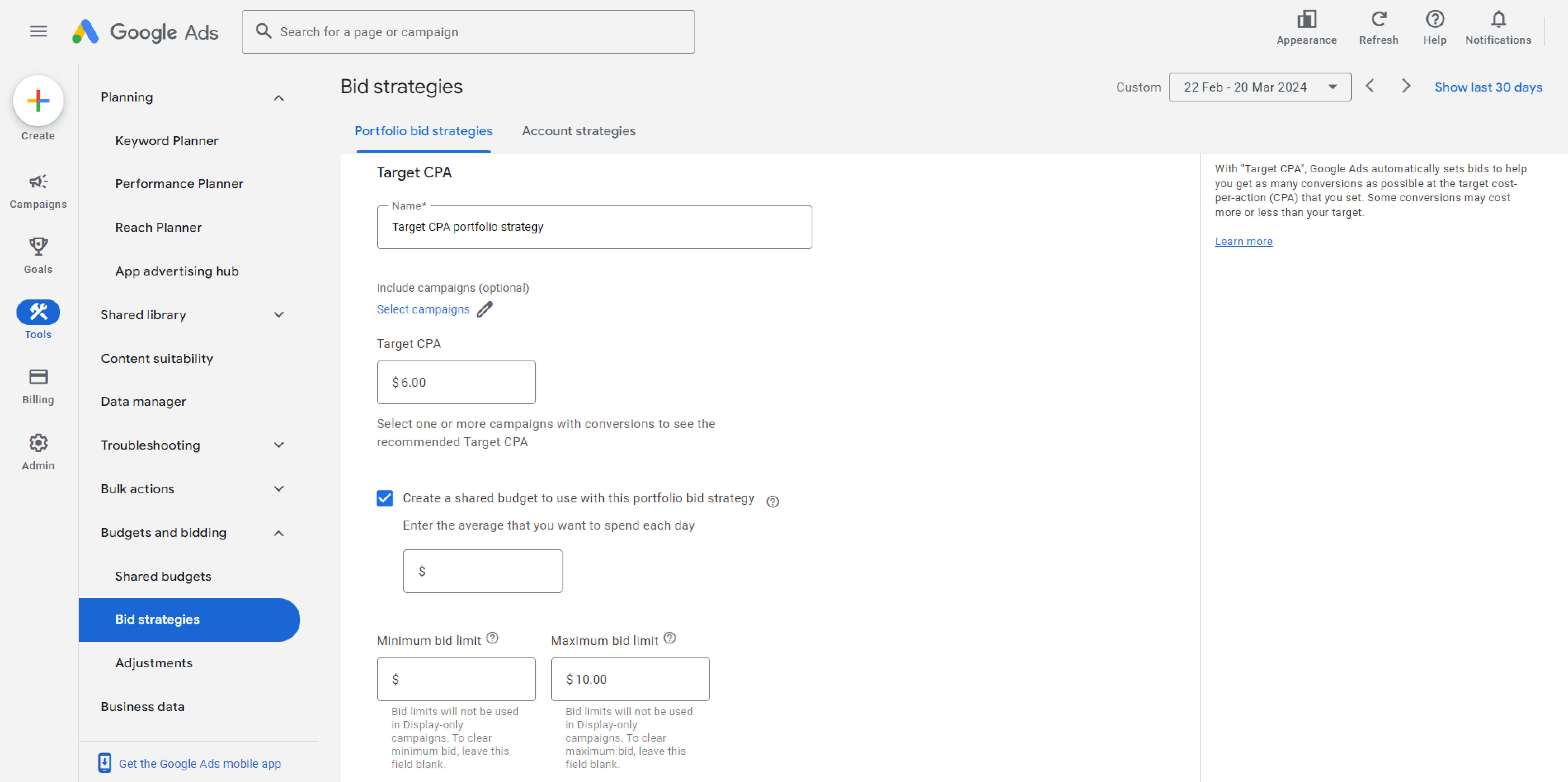 Setting up a Target CPA portfolio bid strategy for Google ads 