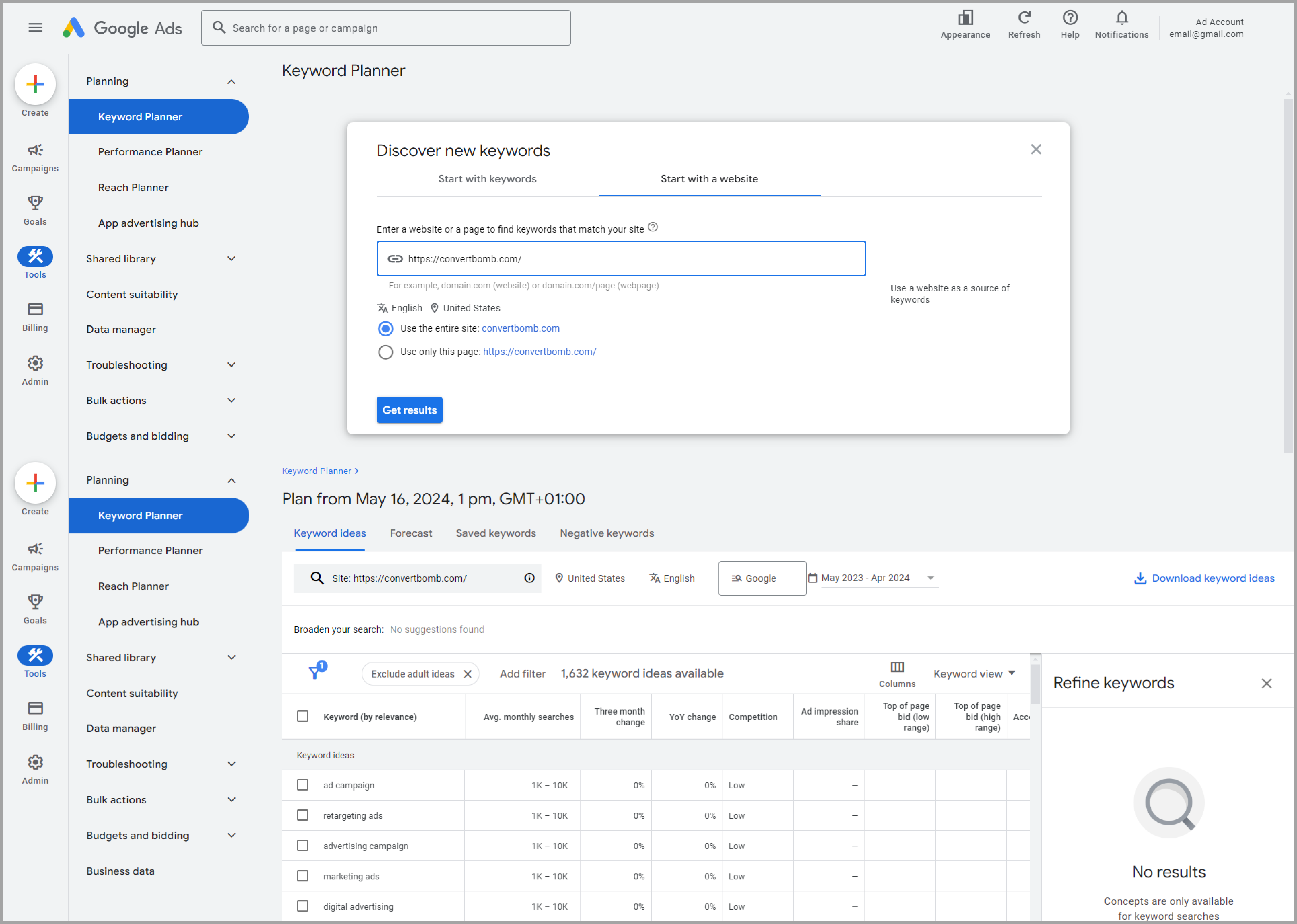 Checking keywords for a website on Google Keywords Planner 