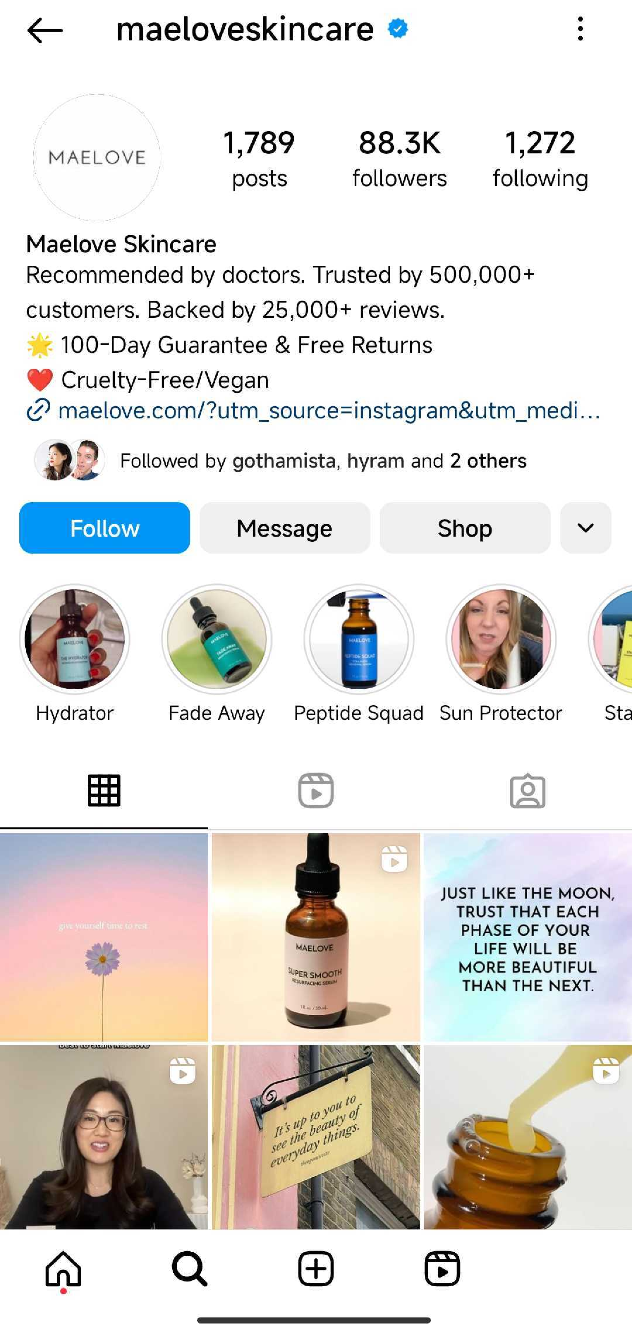 Instagram profile of a skincare brand