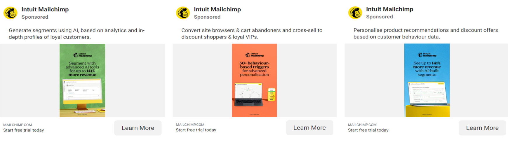 Examples of Mailchimp's ad copies on Facebook