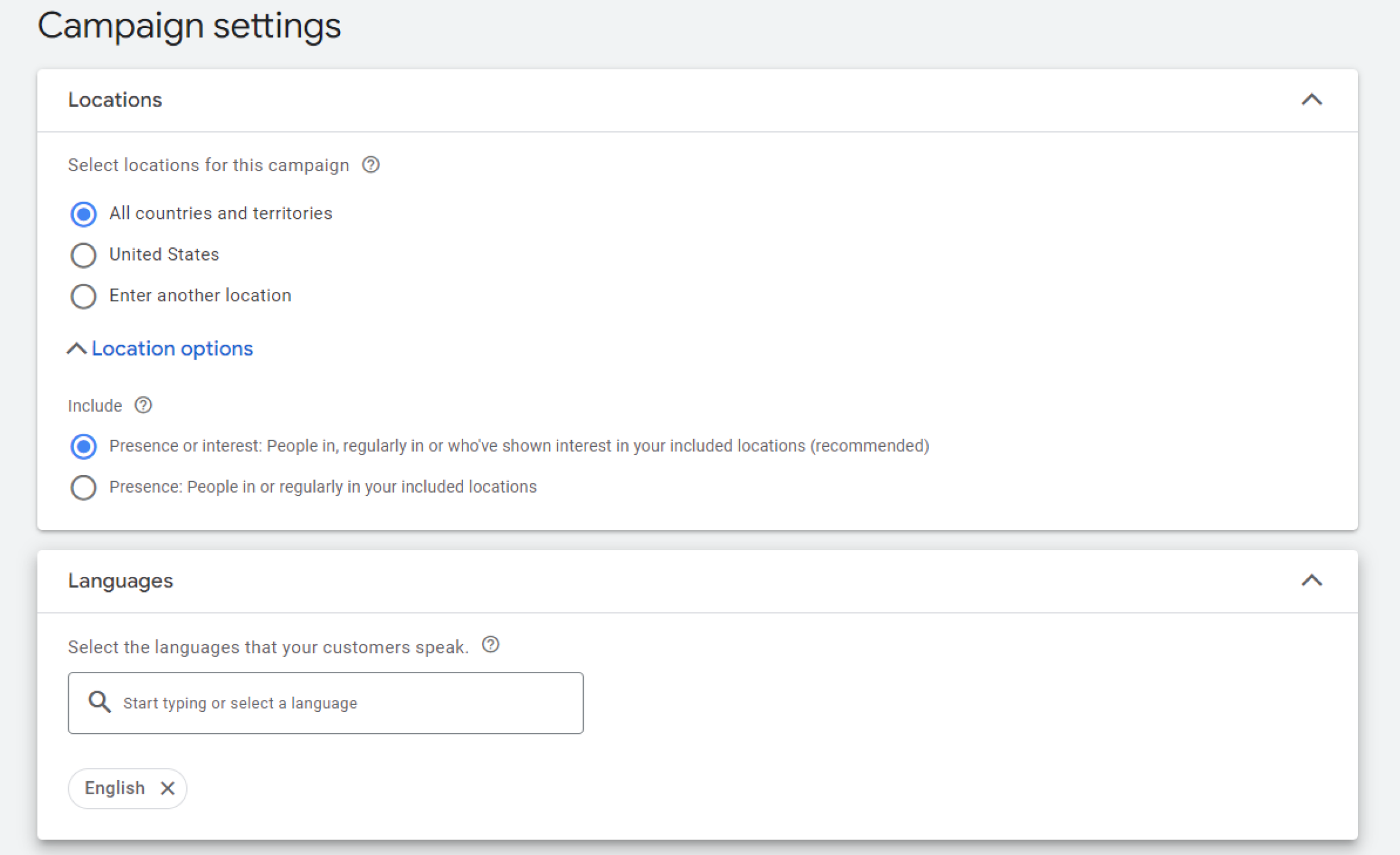 Selecting locations and languages for Google ads 