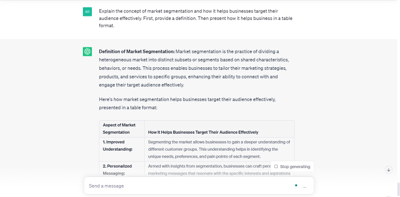 ChatGPT's response to Explain the concept of market segmentation and how it helps businesses target their audience effectively. First, provide a definition. Then present how it helps business in a table format.