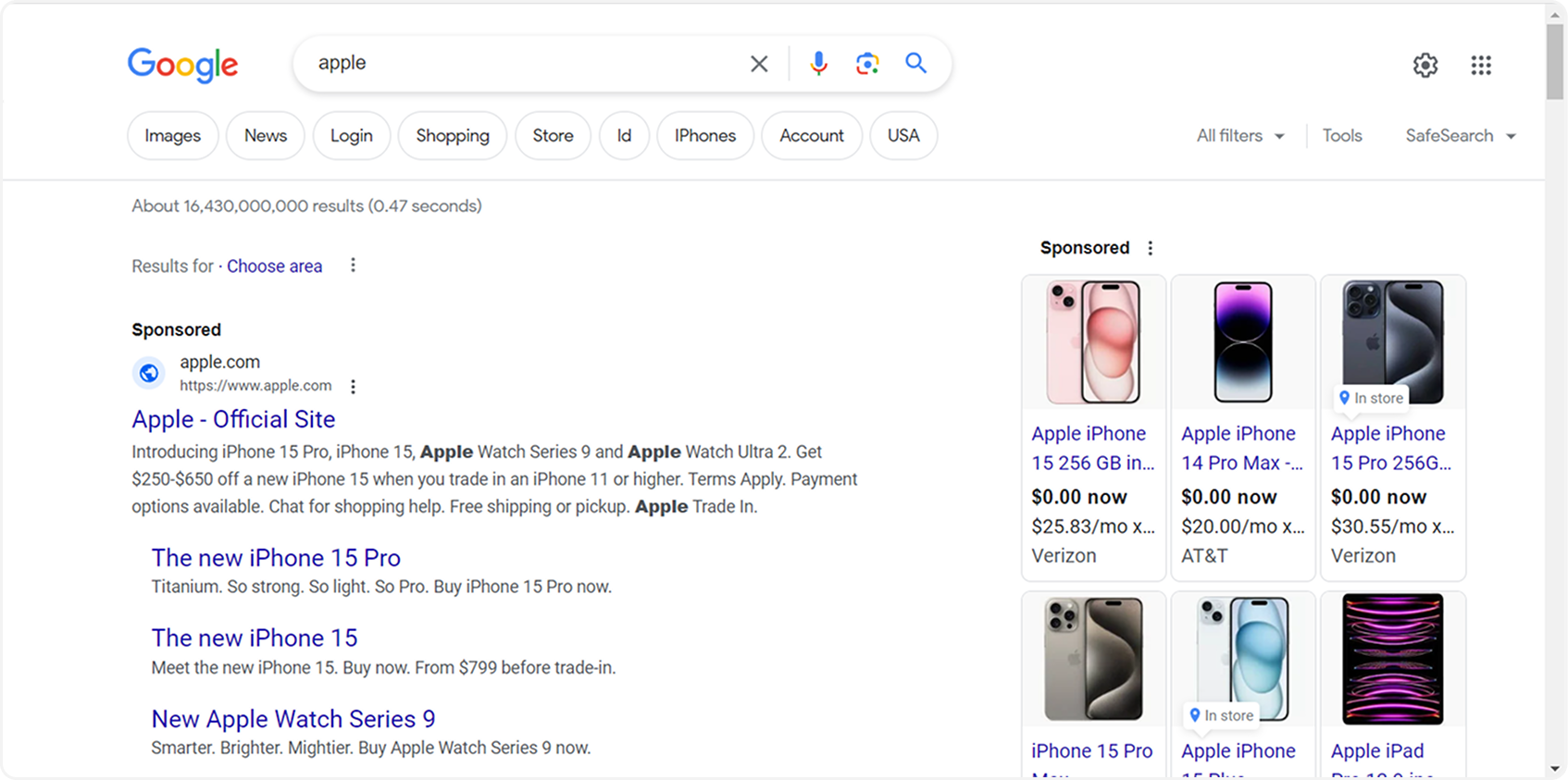 Example of Google search ads