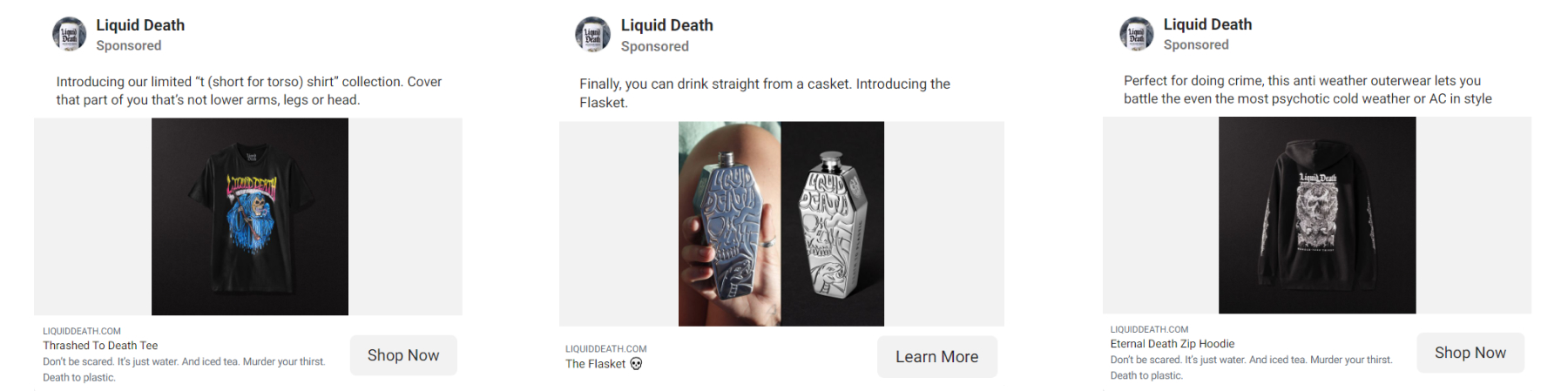 Liquid Death's ad copies that use humor