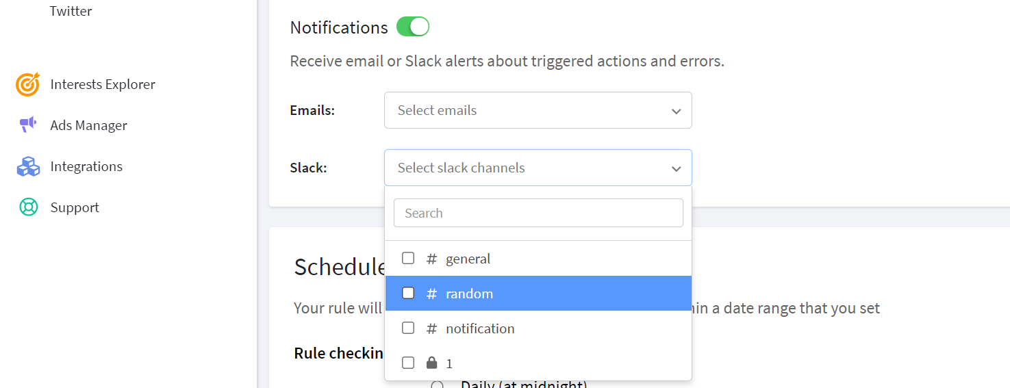select slack channels to send notifications