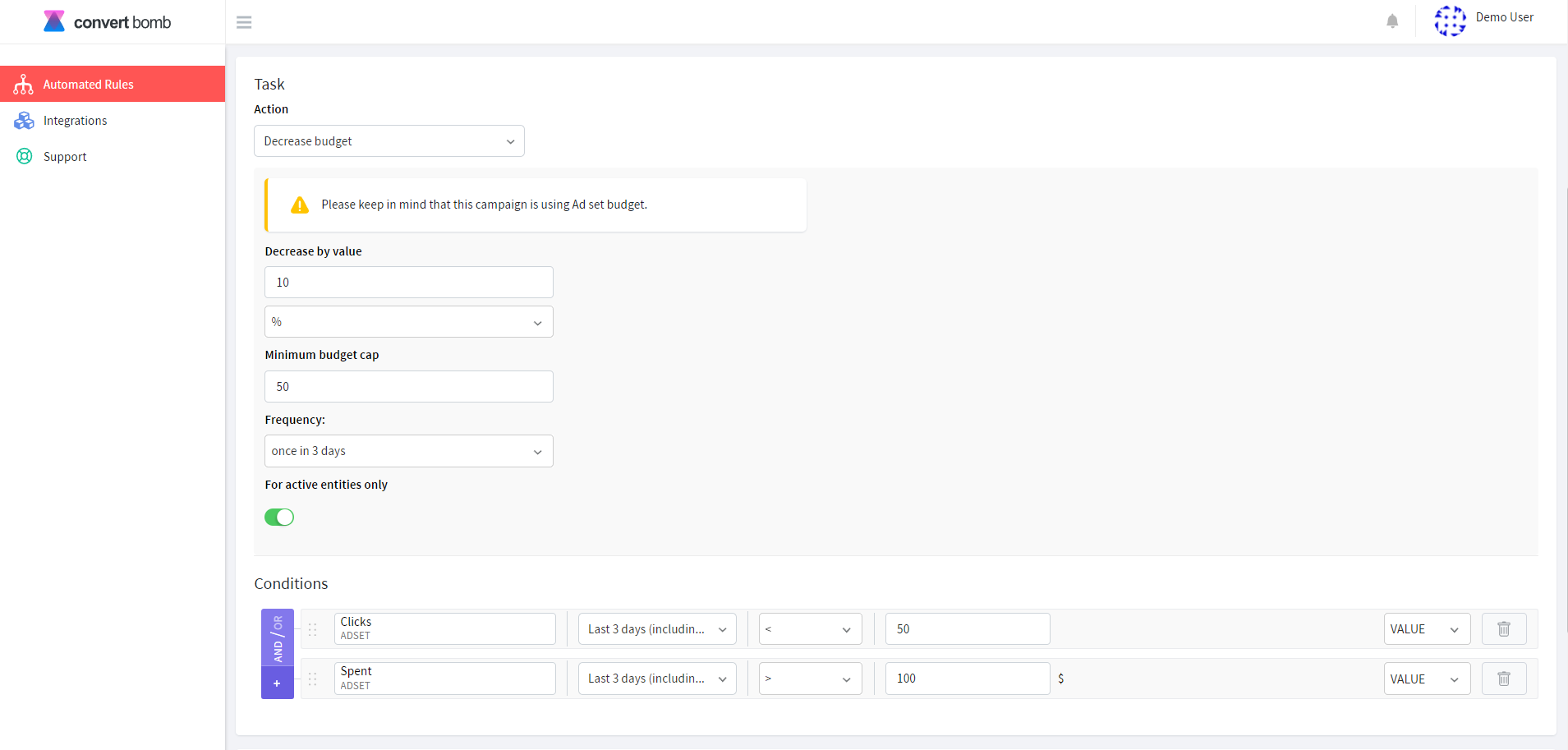 An image showing how to create an automated rule for decreasing ad set budgets