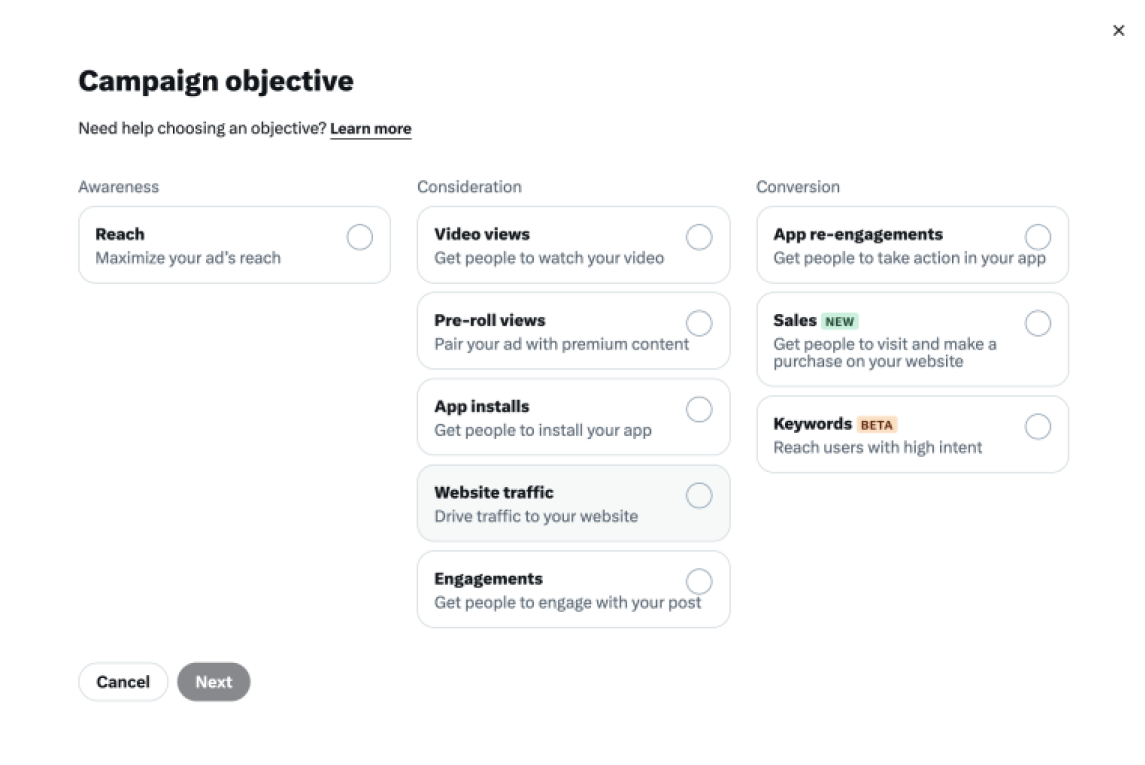 X (Twitter) ad campaign objectives