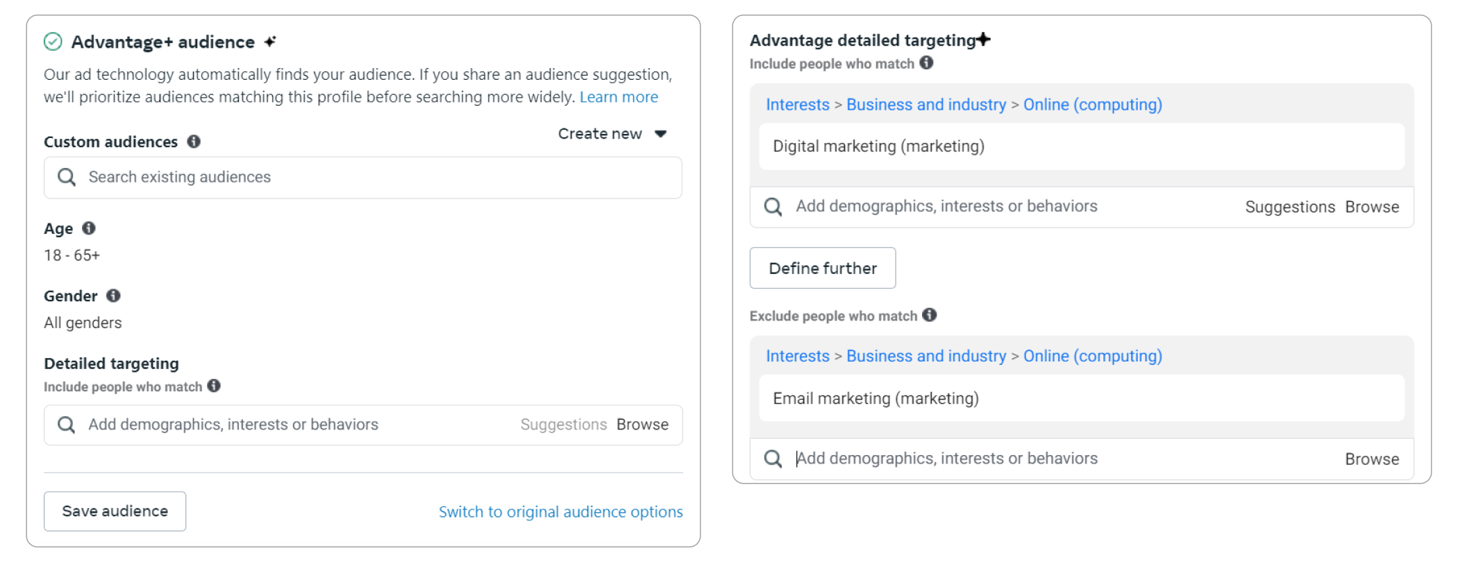 Advantage Detailed targeting and Advantage+ Audience for Facebook ads