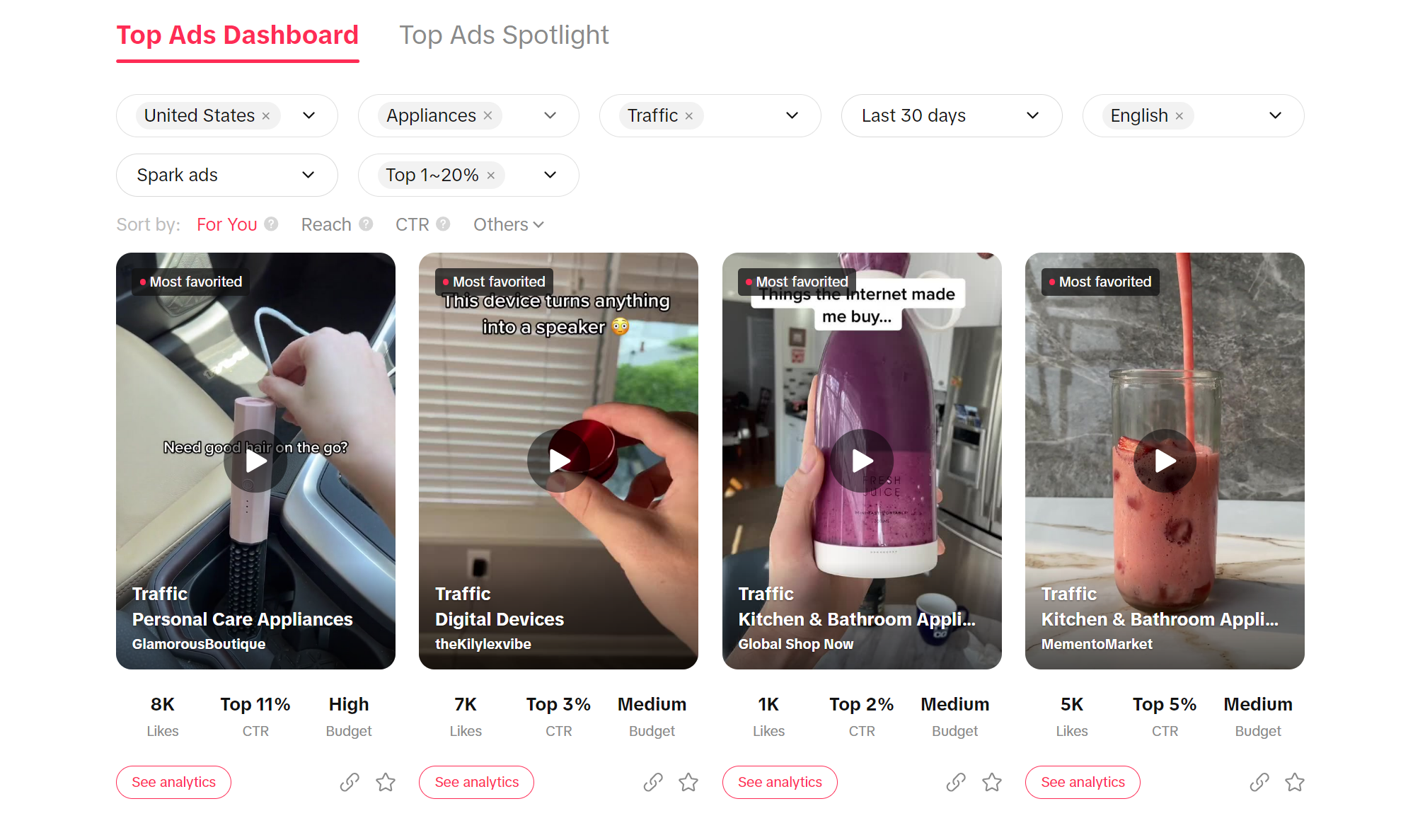 A screenshot showing how to search for top TikTok ads on TikTok Creative Center