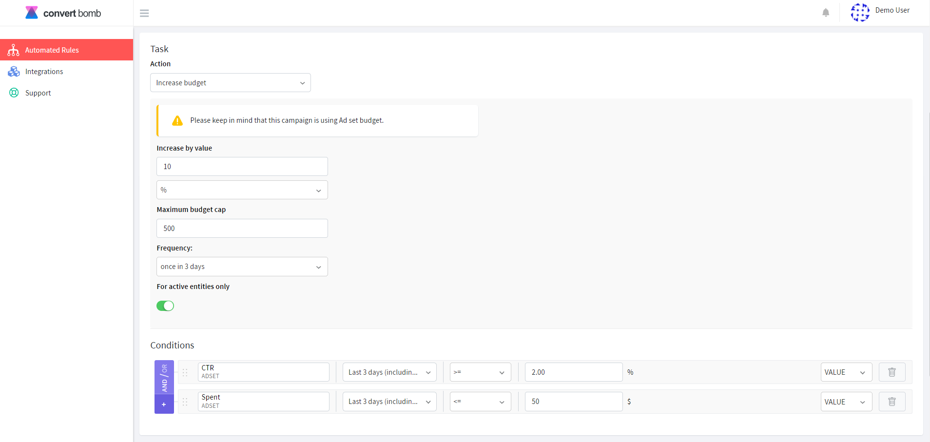 An inmage showing how to create an automated rule for scaling ad sets