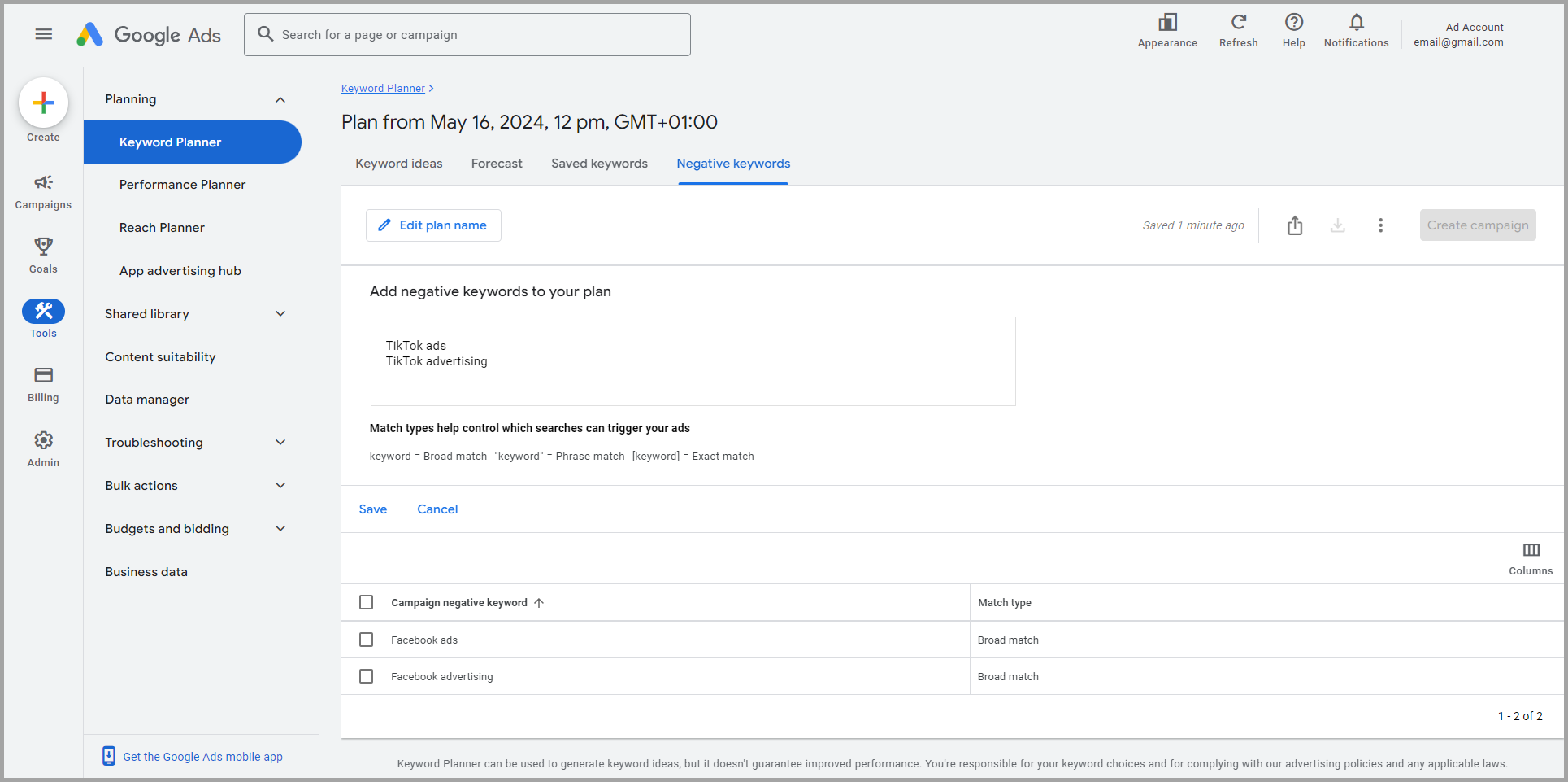 Adding negative keywords in Google Keyword Planner