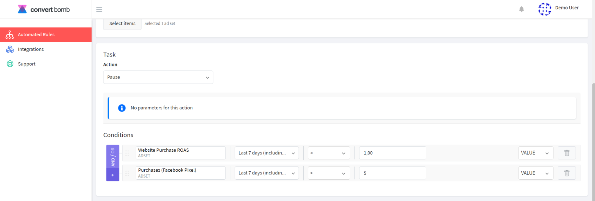 Setting conditions for a Facebook automated rule