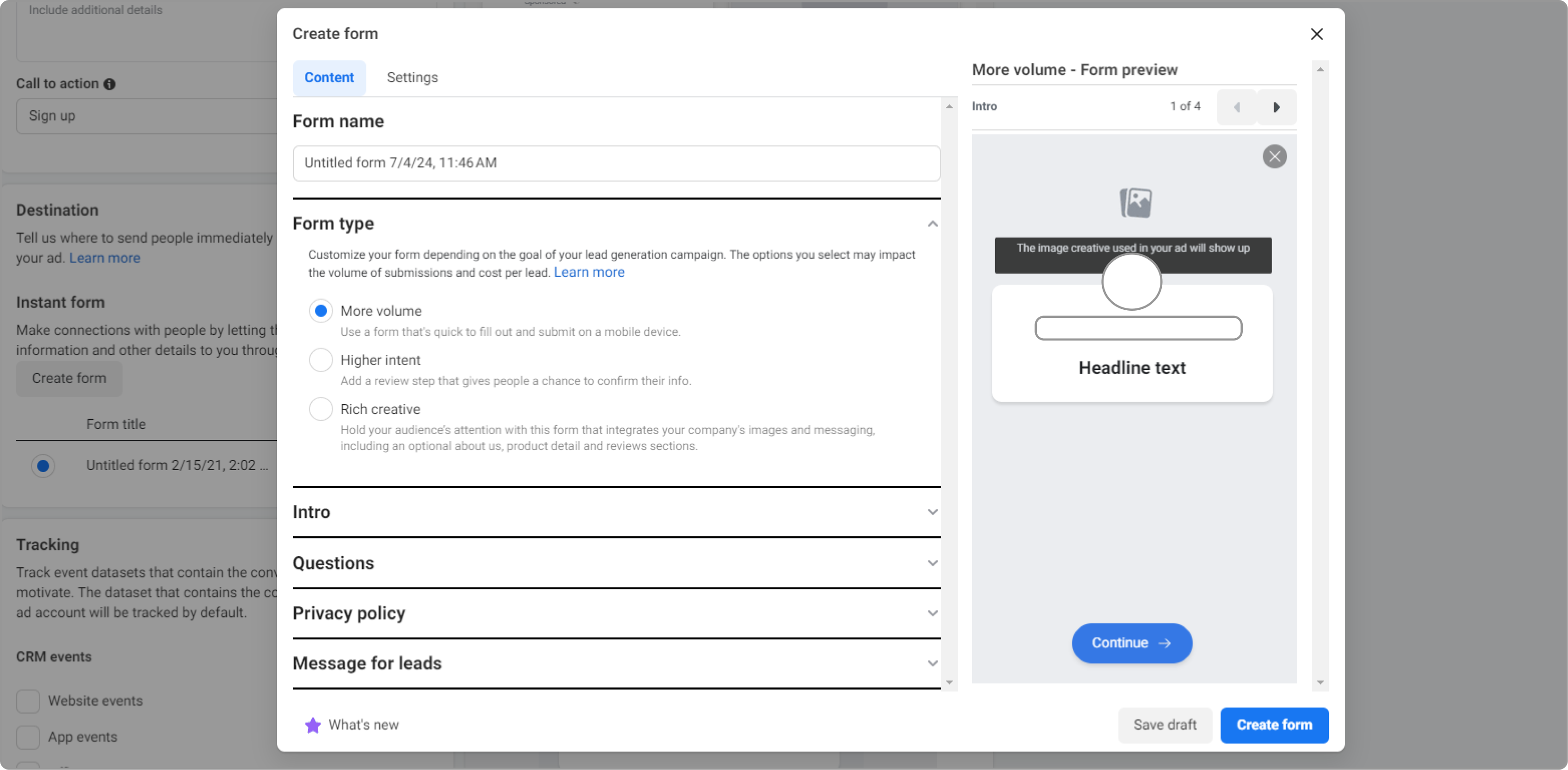 Choosing the type of lead generation form in Facebook Ads Manager