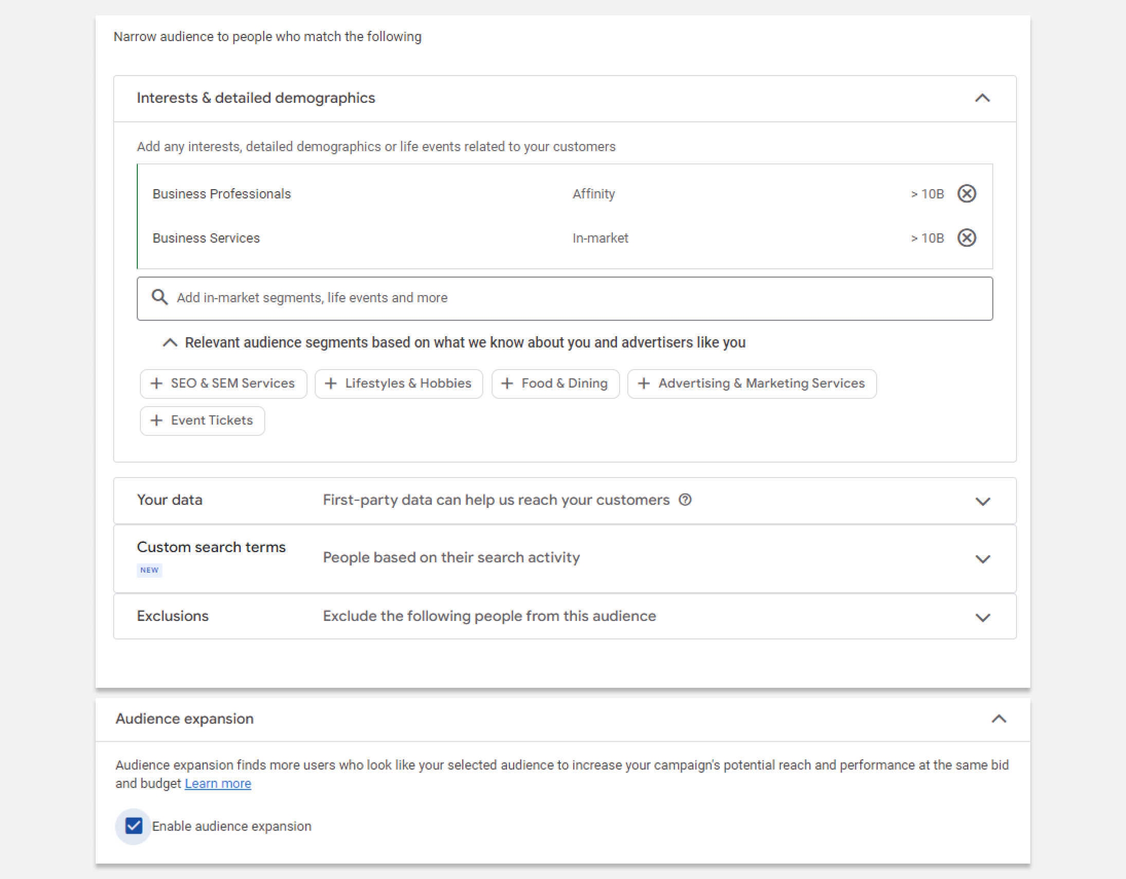 Choosing interests and detailed demographics for Google ads 