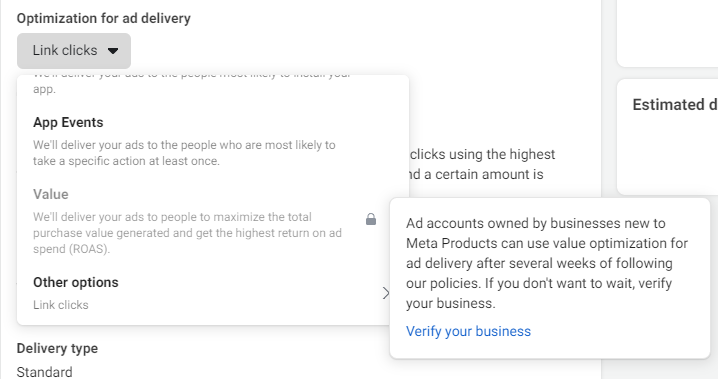 Facebook ad delivery optimization limitation for new Ad accounts