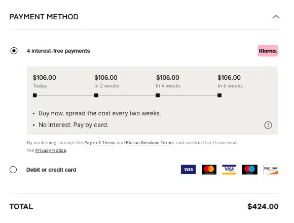 a four-installments payment option provided by Klarna