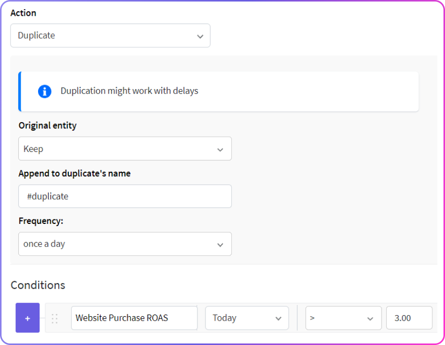 Facebook automated rule to duplicate campaigns 