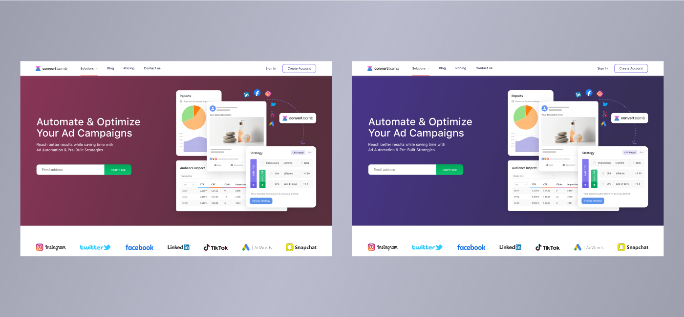 An image of two different versions of the landing page 