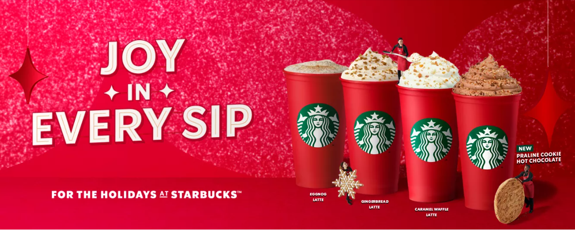 a Christmas-themed banner with special holiday drinks on Starbucks’ website