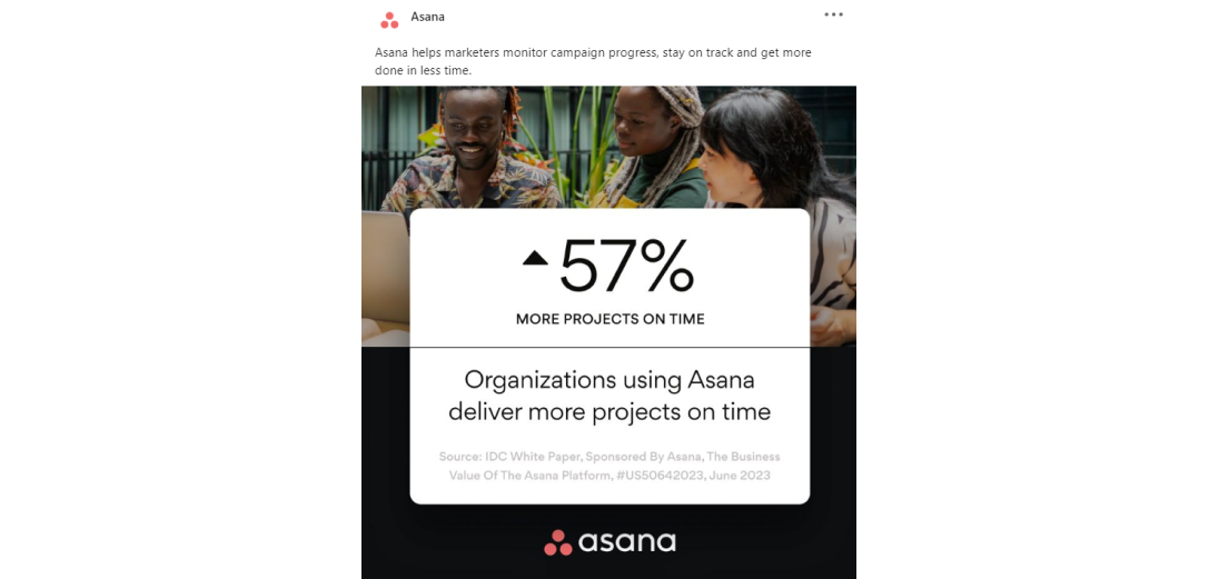 Asana's LinkedIn ads with a short ad copy